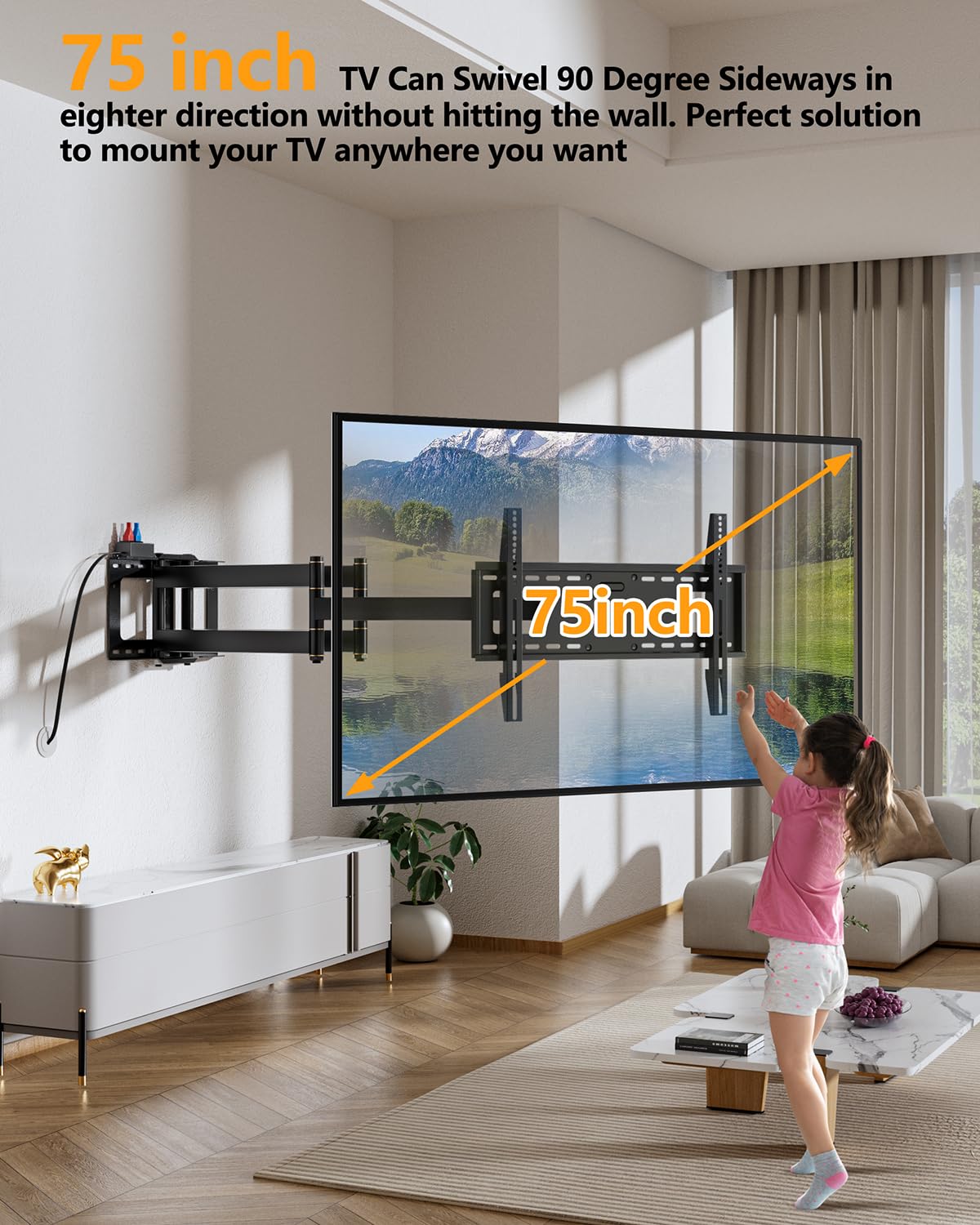 Long Arm 43inch Long Extension TV Mount with Power Outlet, Full Motion Wall Mount Dual Articulating Arm TV Bracket, Fits 50-90inch Flat Curve TVs, up to 198lbs VESA 600x400mm