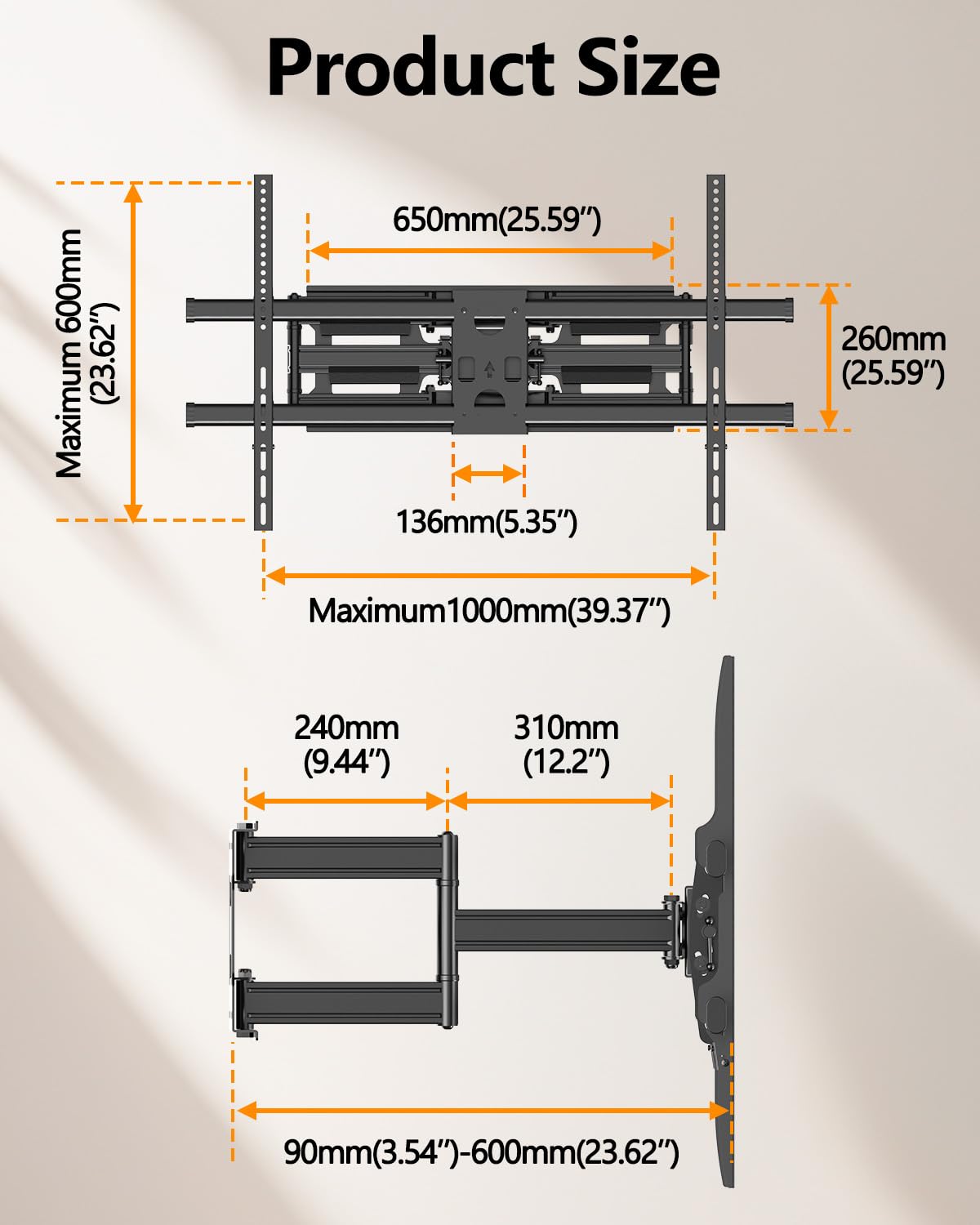 Heavy Duty 60 to 120 inch XXXL Full Motion TV Wall Mount Max VESA1000x600mm Up to 275lbs for Extra Large Big Screens,Universal Articulating TV Mount Bracket Swivel Tilt,16-24”Studs HY9491-B