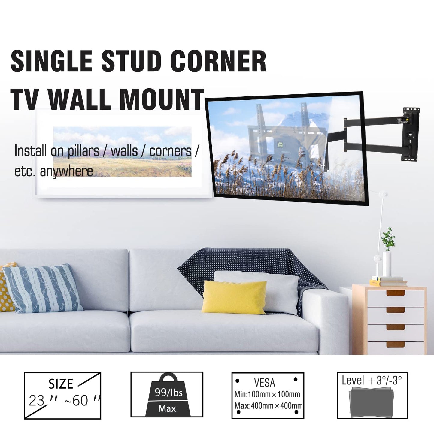 Corner TV Wall Mount Long Arm TV Mount for 23"-60" TVs-Easy to Install Single Stud Design- 33" of Smooth Extension Plus Swivel,Tilt,Holds 99lbs,Universal Bracket Max VESA 400X400mm,HY9414
