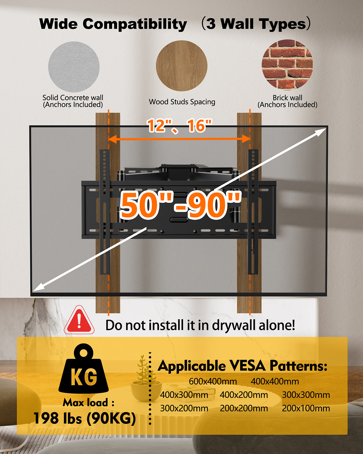 TV Mount, Dual Articulating Arm Full Motion TV Mount with 43 inch Long Arm,Fits 50 to 95 Inch Flat/Curve TVs, Holds up to 198 lbs,Max VESA 600x400mm,HY9398-B