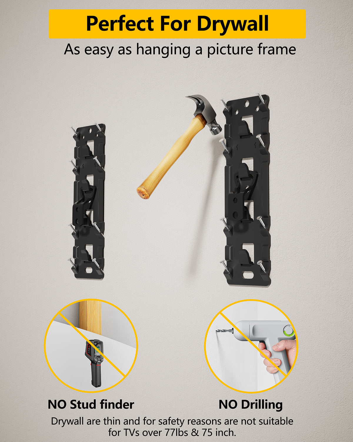 NO Stud TV Wall Mount,Drywall Wall Mount for 26-100" TVs/Monitors,Holds Up to 176LBS, Height Adjustable,1.17'' Low Profile Studless TV Mount,No Drilling No Funder Required,Easy Install