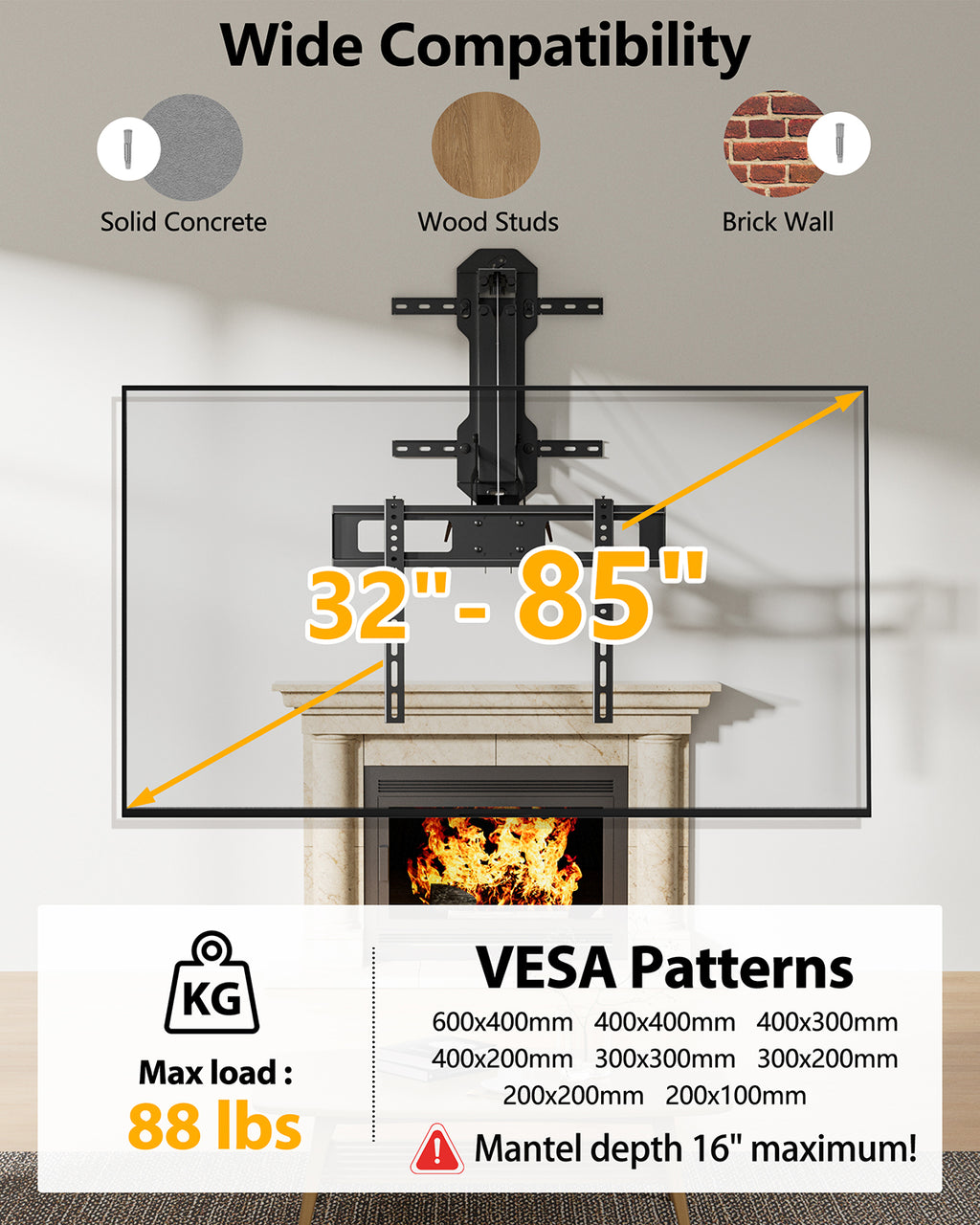Motorized Fireplace Pull Down TV Mount with Remote for 32-85" TVs, Electric Above Fireplace TV Wall Mount with Height Adjustable, Swivel,Tilt, Holds 88 lbs Max VESA 600x400