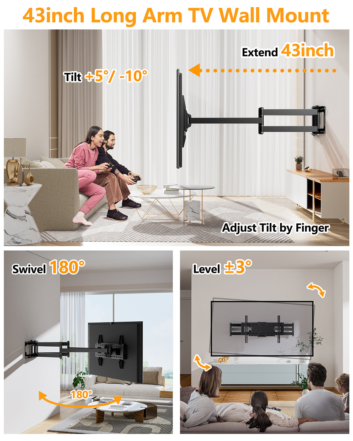 TV Mount, Dual Articulating Arm Full Motion TV Mount with 43 inch Long Arm,Fits 50 to 95 Inch Flat/Curve TVs, Holds up to 198 lbs,Max VESA 600x400mm,HY9398-B