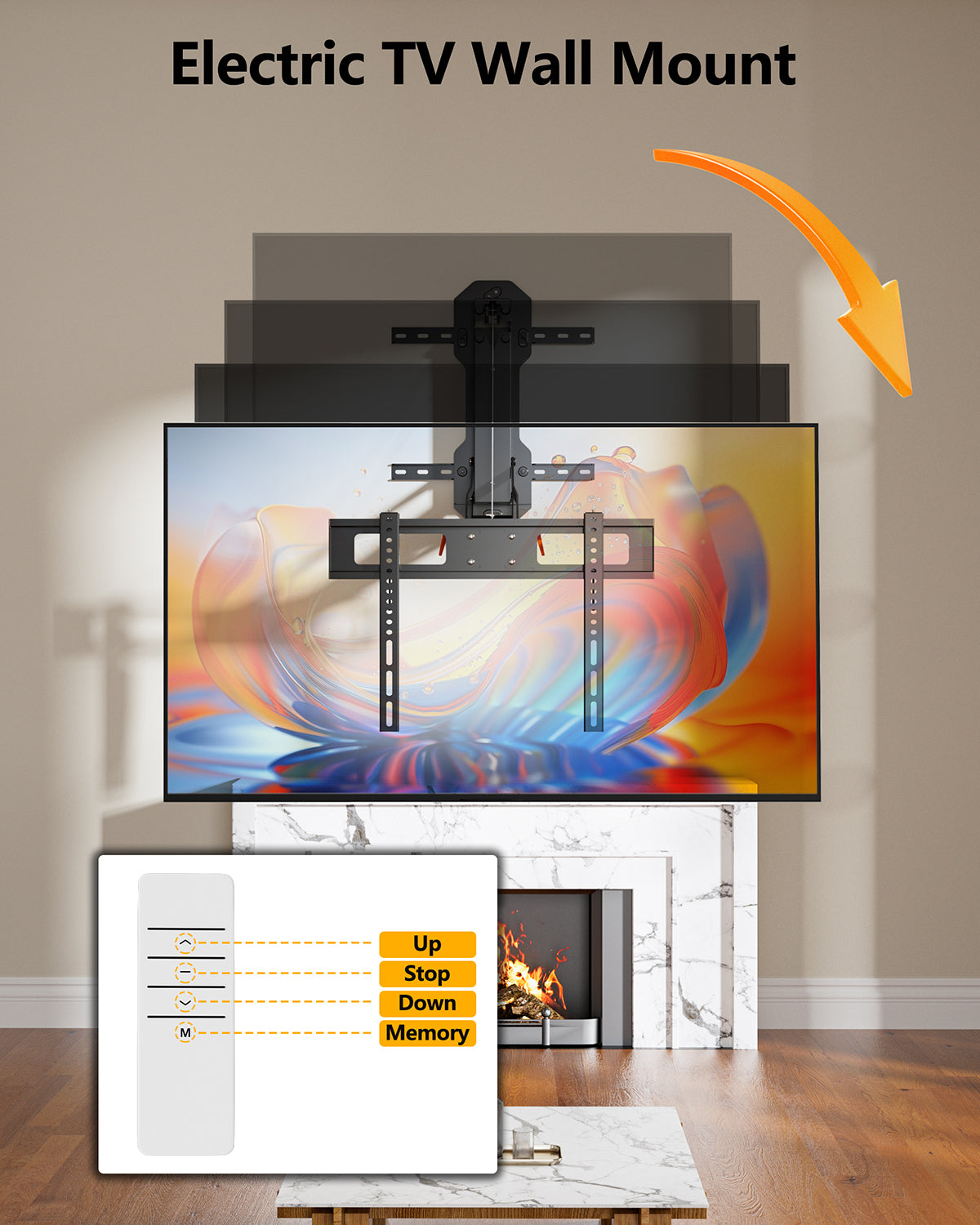 Motorized Fireplace Pull Down TV Mount with Remote for 32-85" TVs, Electric Above Fireplace TV Wall Mount with Height Adjustable, Swivel,Tilt, Holds 88 lbs Max VESA 600x400