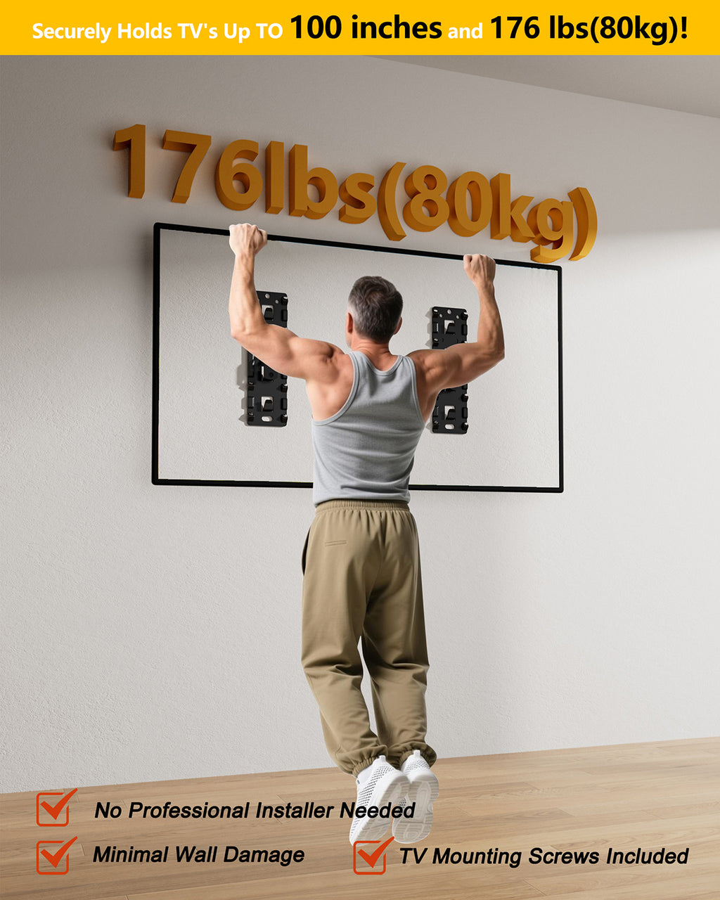 NO Stud TV Wall Mount,Drywall Wall Mount for 26-100" TVs/Monitors,Holds Up to 176LBS, Height Adjustable,1.17'' Low Profile Studless TV Mount,No Drilling No Funder Required,Easy Install