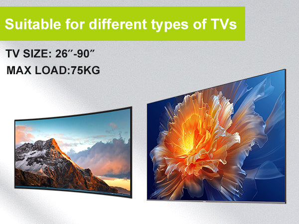 TV Wall Mount No Stud Wall Mount for 26-90 inch TVs, Drywall TV Mount No Drill up to 165 lbs Max VESA 900x600 mm, Easy Install TV Hanger Rental Friendly TV Mount