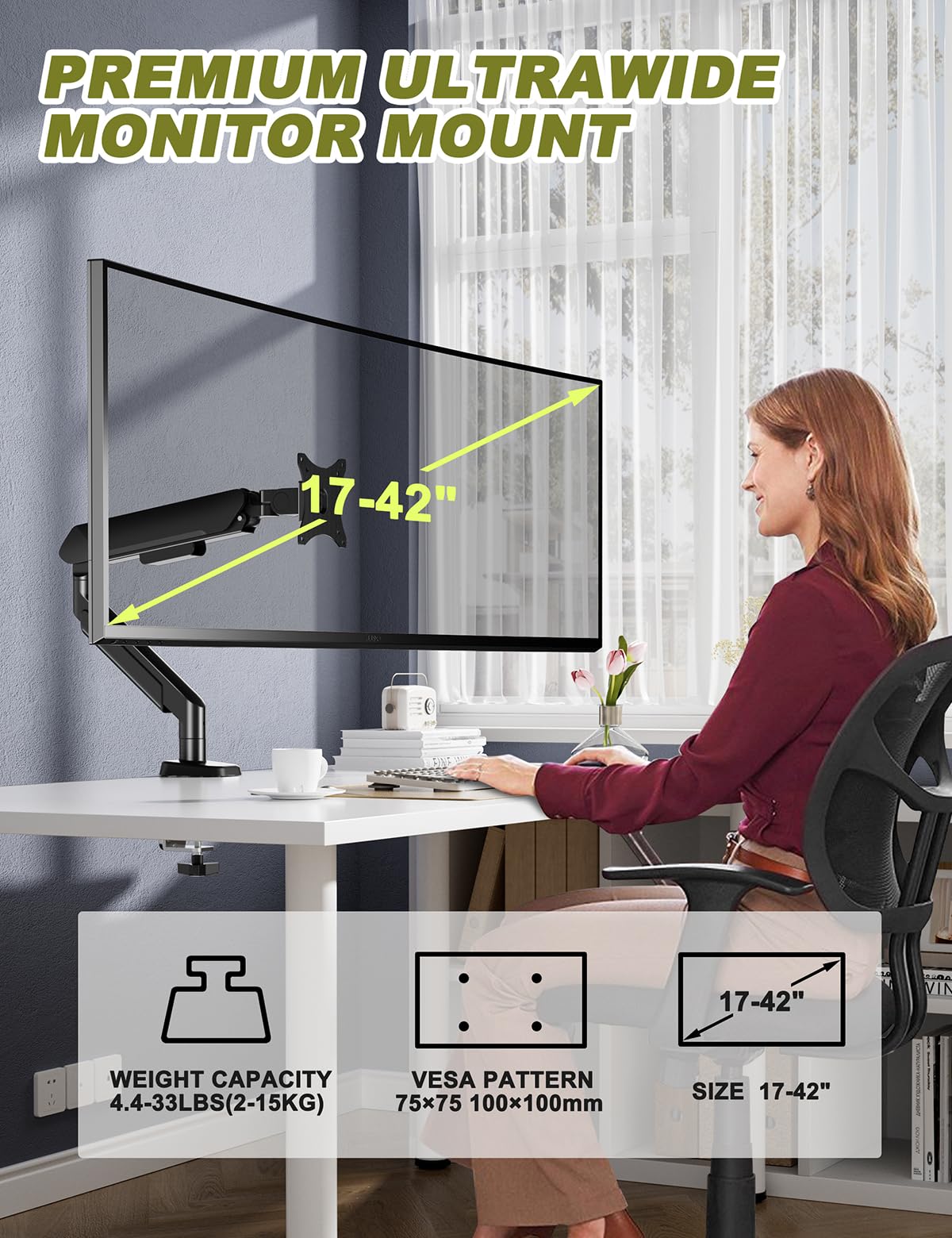 FORGING MOUNT Heavy Duty Single Monitor Arm Stand Fits 17-42" Computer Screen, Adjustable Gas Spring Desk Mount Holds up to 33lbs, Full Motion with Clamp/Grommet Base, VESA Mount 75x75/100x100