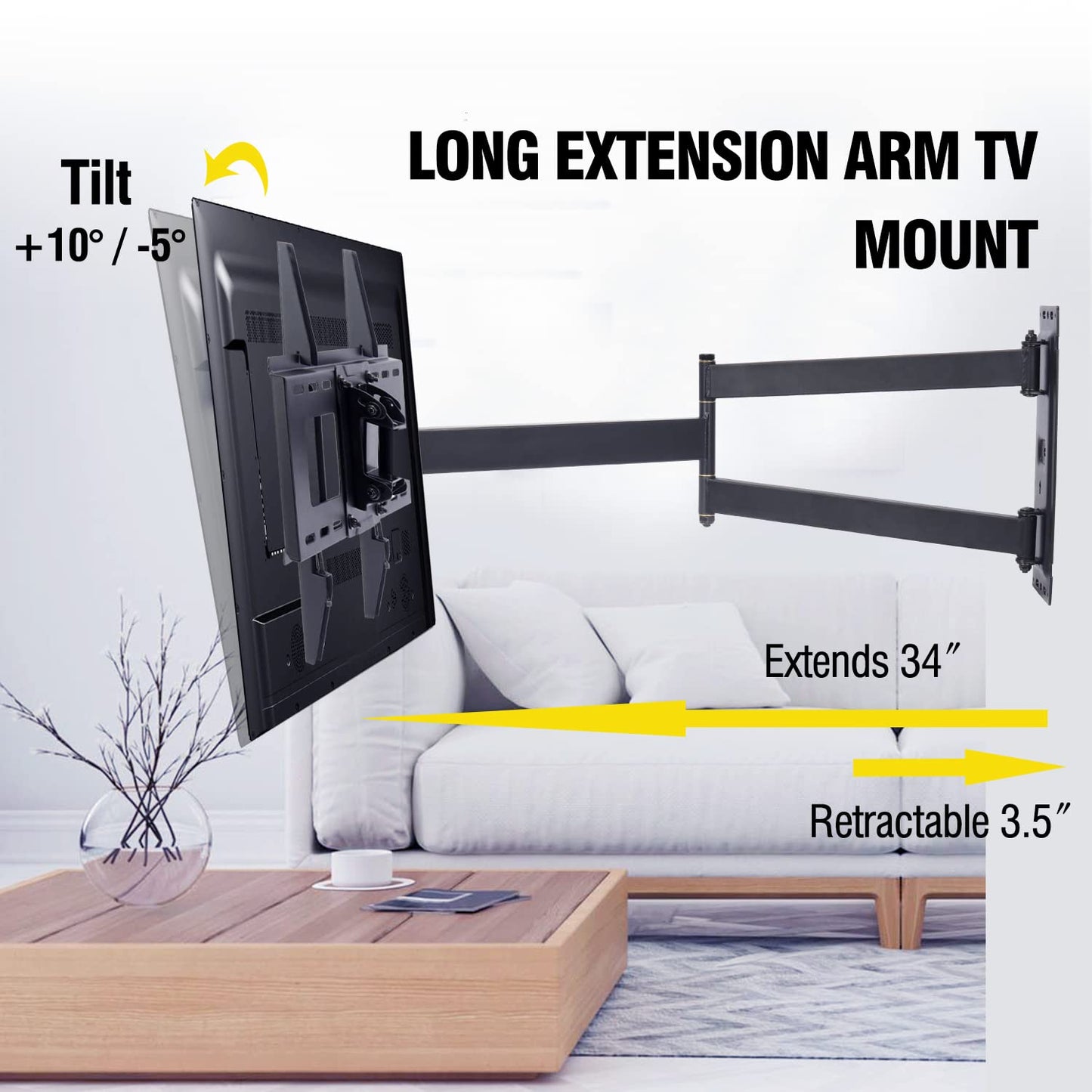Corner TV Wall Mount Long Arm TV Mount for 23"-60" TVs-Easy to Install Single Stud Design- 33" of Smooth Extension Plus Swivel,Tilt,Holds 99lbs,Universal Bracket Max VESA 400X400mm,HY9414
