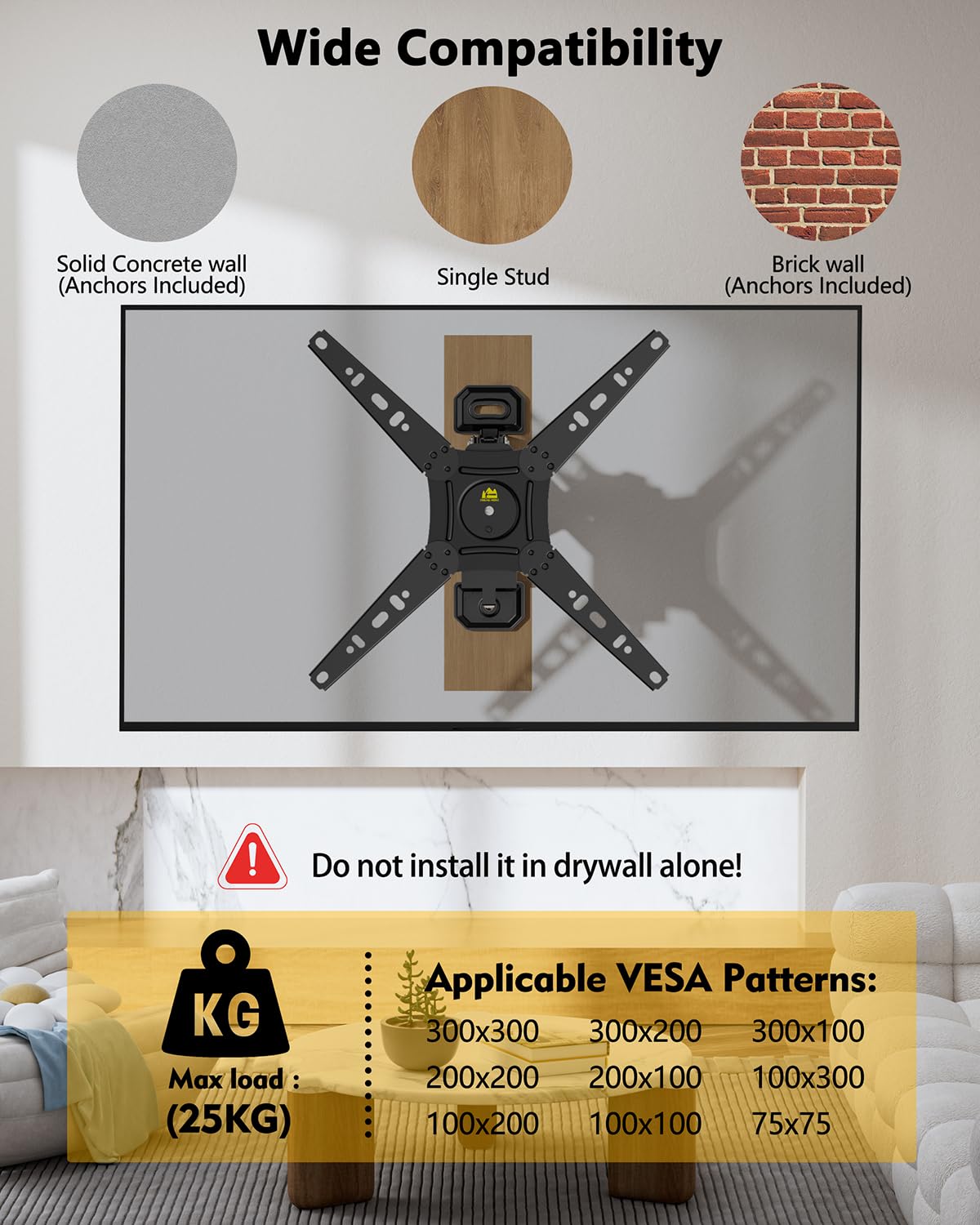 Rotating TV Wall Mount for 13-49 Inch TVs Monitor, Extendable Corner Wall Mount, TV Bracket for Flat & Curved Screens, VESA 75x75mm to 300x300mm, Holds up to 55lbs