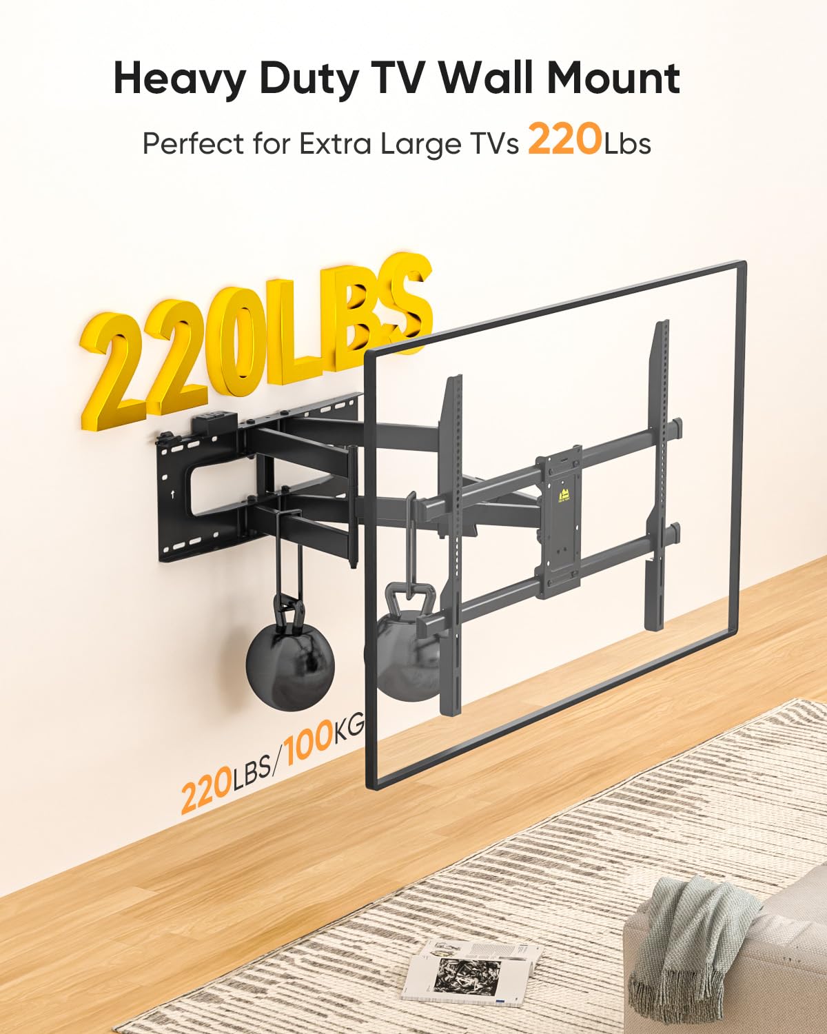 Heavy Duty 98 100 inch TV Wall Mount with Power Strip for 50–100 Inch，Hold up to 220 lbs,Max VESA 800x600mm,16”-24” Wood Studs HY9463-B