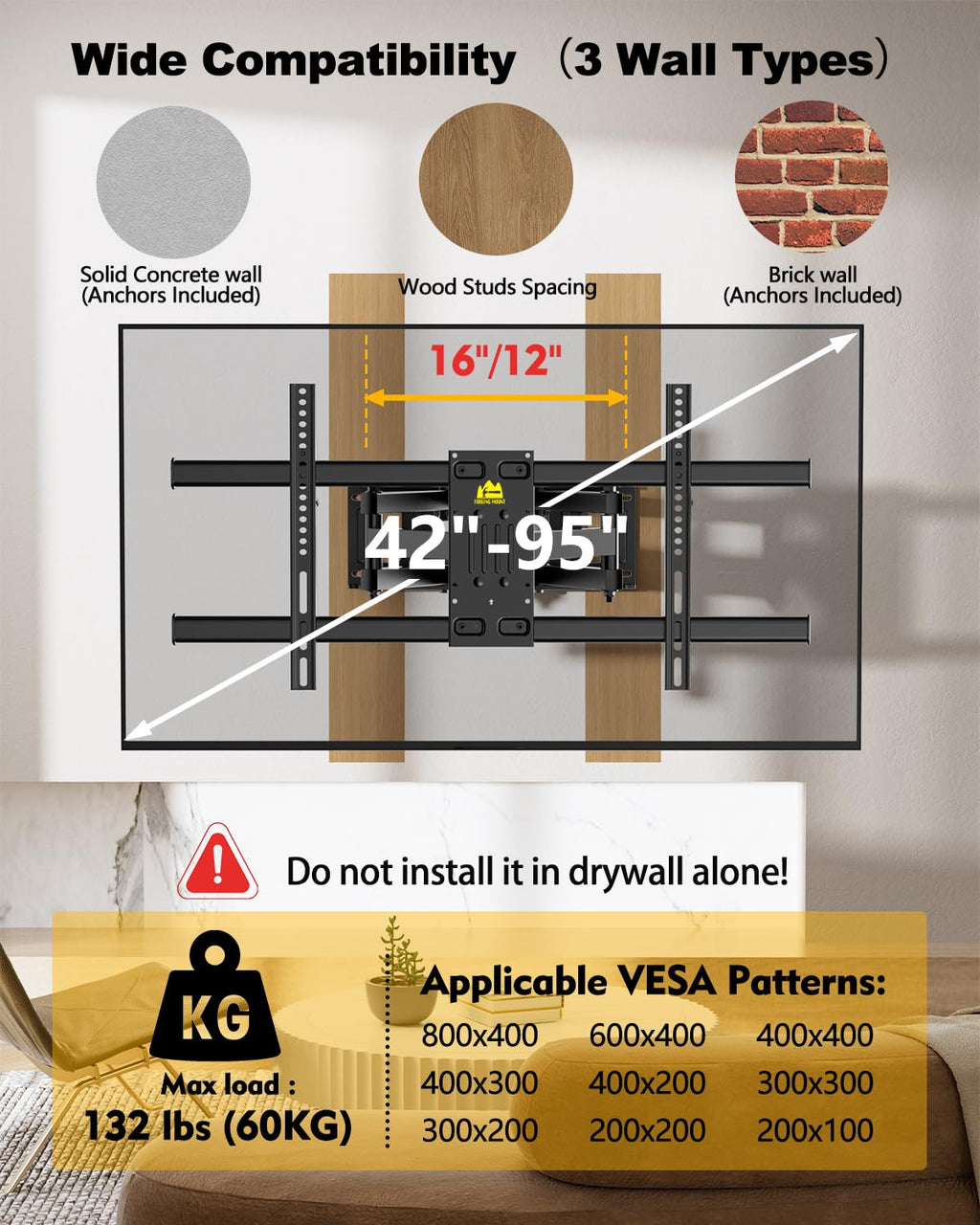 Full Motion TV Wall Mount for 42–95 Inch Screens, VESA 800x400mm Holds 132 lbs, 12″/16″ Wood Studs HY9459-B