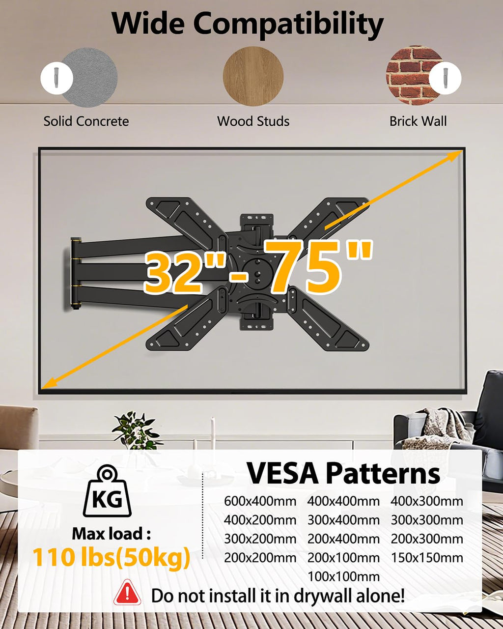 Full Motion Corner TV Wall Mount for 32-75 Inch TVs Holds 110 lbs,33" Long Extension Arm with Landscape to Portrait Rotation, Swivel & Tilt,Vertical Rotating TV Mount,Max VESA 600x400mm