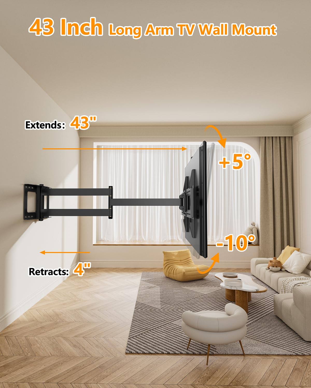 FORGING MOUNT Long Extension TV Mount Full Motion Wall Bracket with 42 inch Long Arm Articulating TV Wall Mount for 37 to 80 Inch Flat/Curve TVs, VESA 600x400mm Compatible, Holds up to 110 lbs-FM9388-B