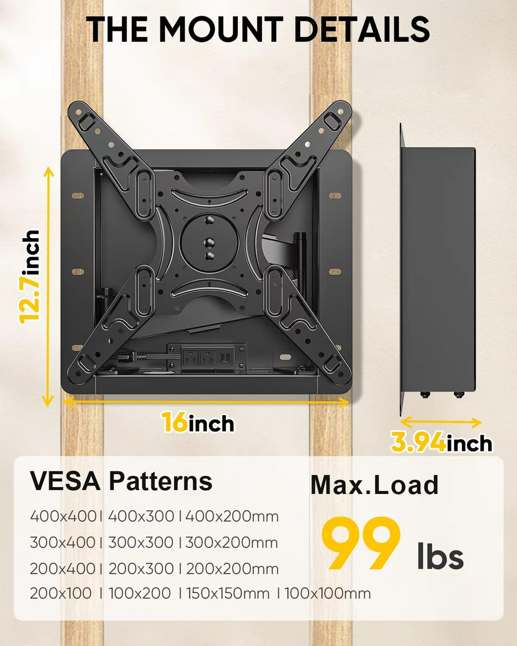 Recessed in-Wall TV Mount,Low Profile TV Wall Mount,20 Inch Extended Arm Fits Screen Sizes 32, 37, 40, 42, 47, 50, 55, 60, 65,inch,Up to 99 lbs