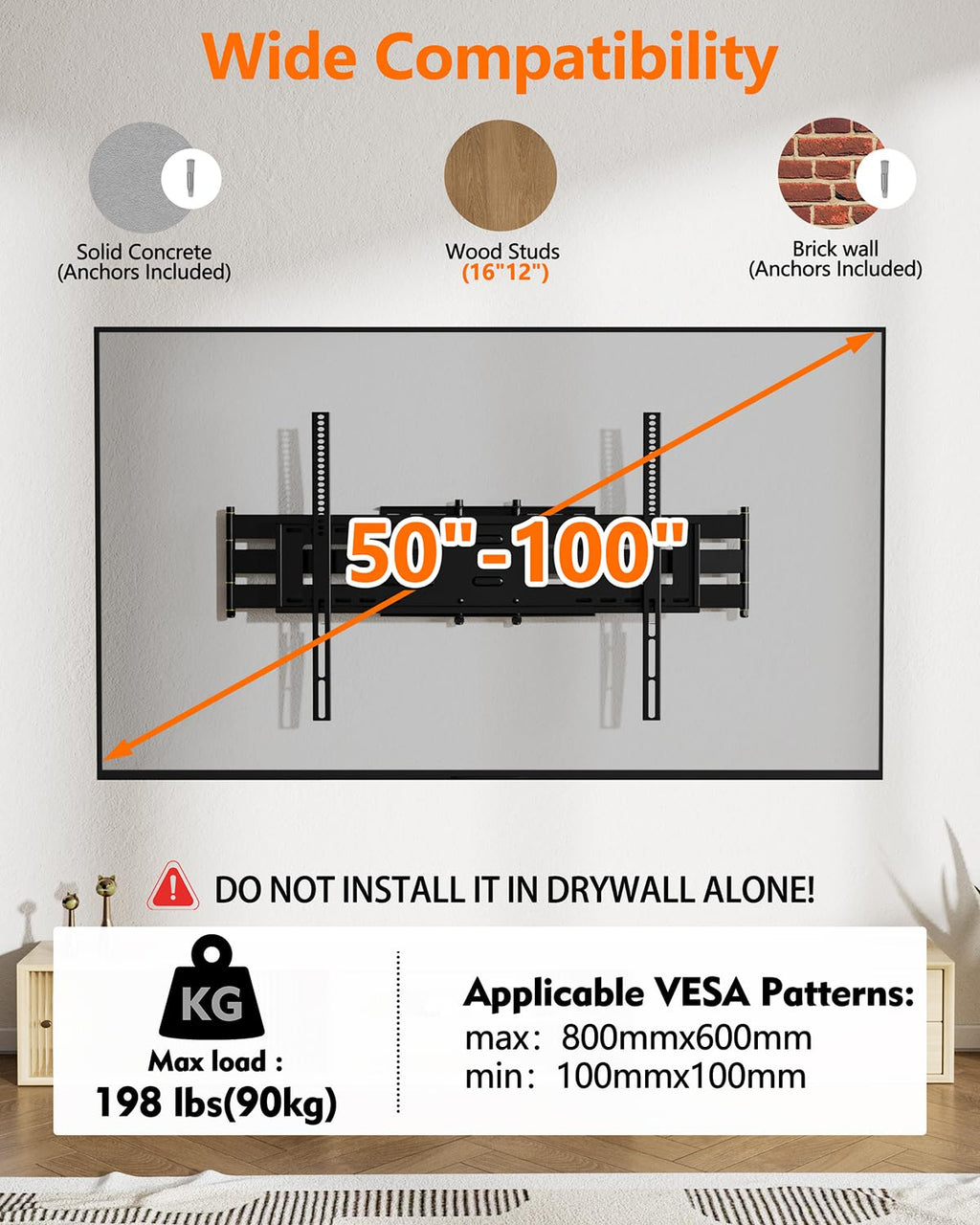 Long Reach TV Wall Bracket Mount Swivel Tilt Full Motion TV Bracket 43 inch Articulating Arm Wall Mount,Fits 50 to 100 Inch Flat/Curve TVs,Holds 198LBS,VESA 800x600mm HY9462-B