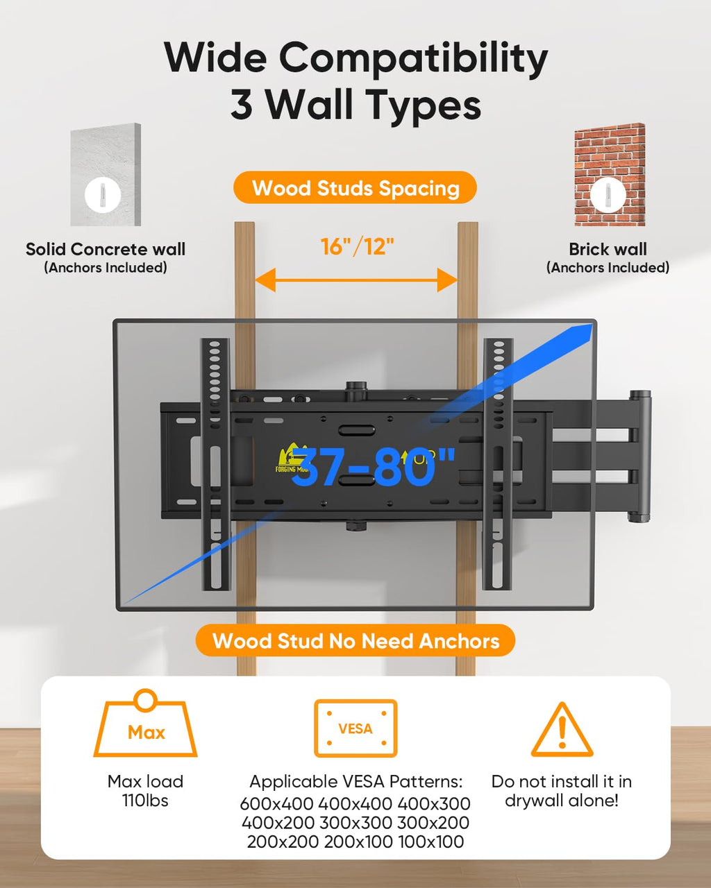42 inch Long Arm TV Wall Mount with Power Strip, Full Motion Long Extension Articulating Corner TV Mount for 37 to 80 Inch Flat/Curve TVs, MAX VESA 600x400mm, Holds up to 110 lbs