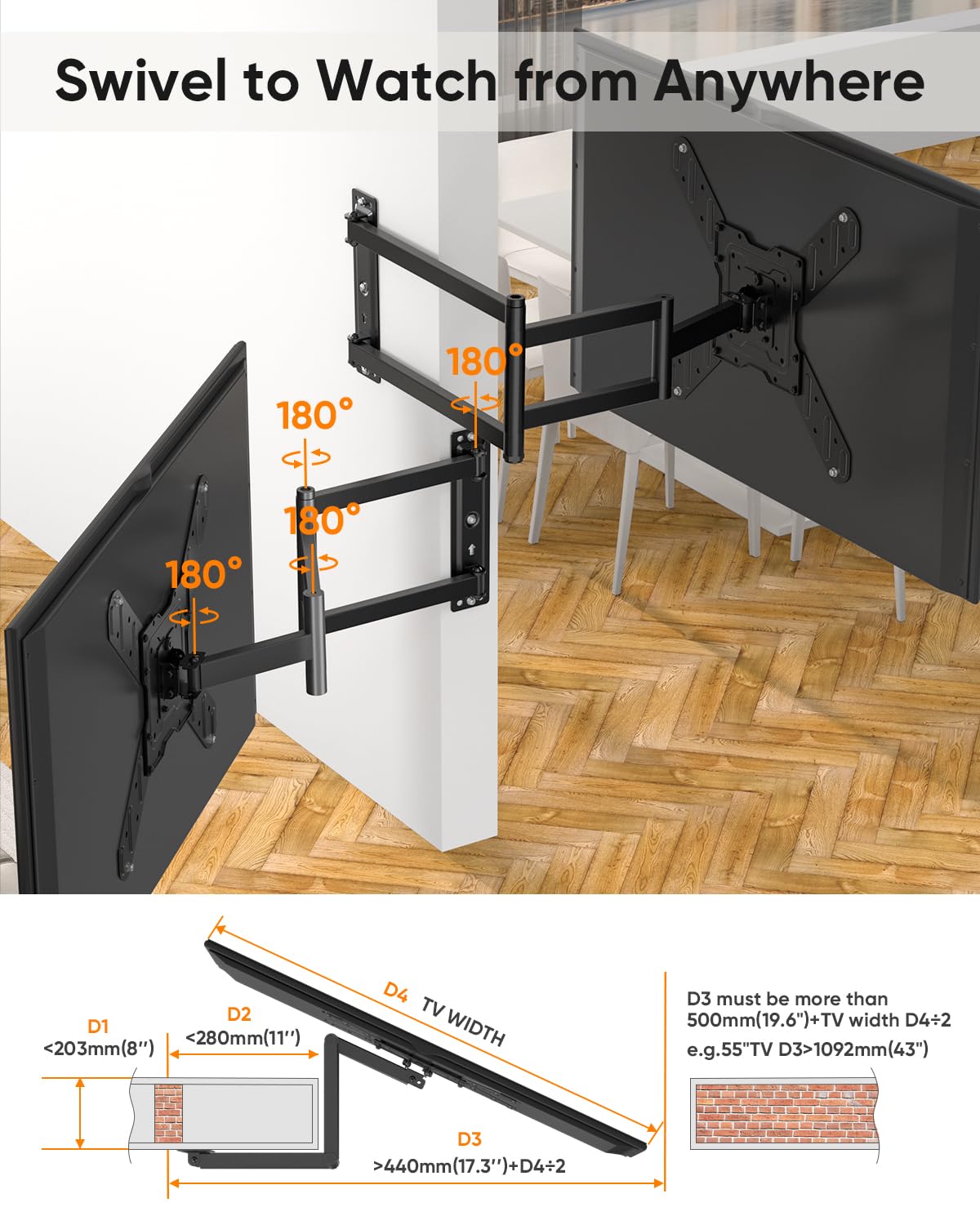 Corner TV Wall Mount for Most 26-65 Inch Flat Curved TVs, 3 Folding Arms Articulating TV Bracket Max VESA 400x400mm up to 77lbs