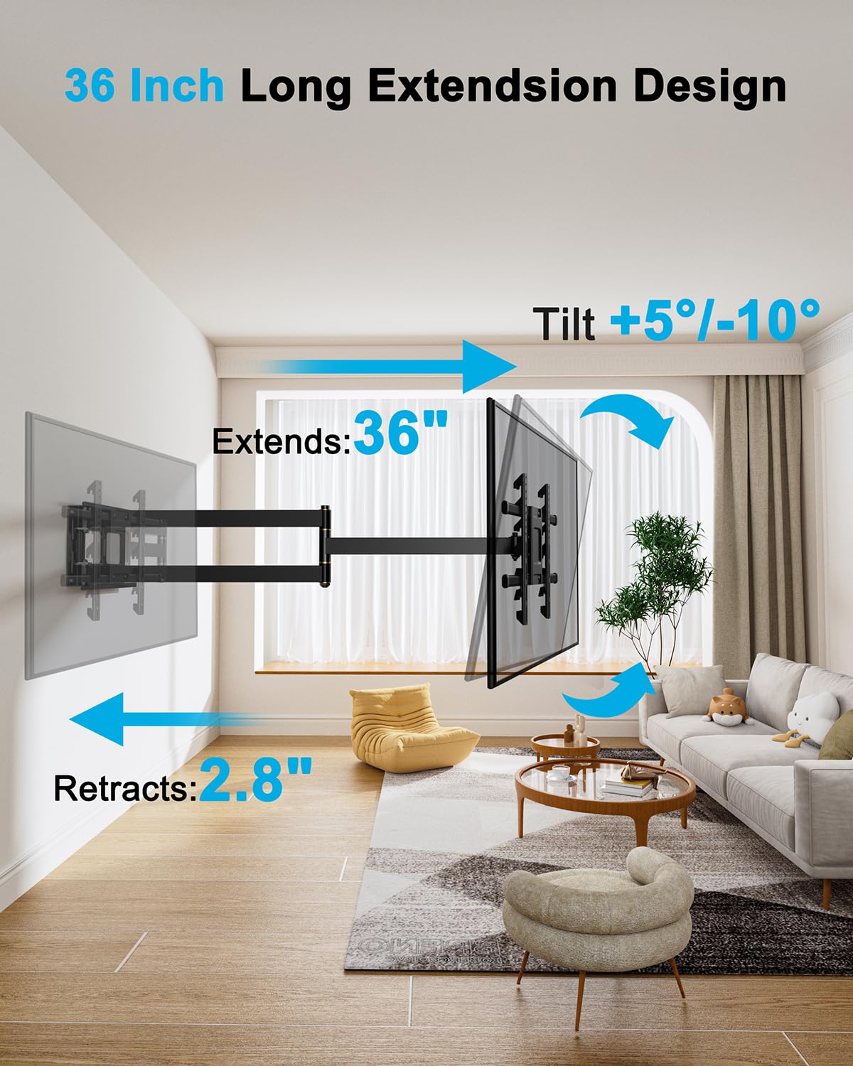TV Mount, Height Setting Full Motion 36" Extends, Fits 42"-90" TVs,Holds 150lbs,VESA 600x400mm,Included HDMI Cable, HY9397-B
