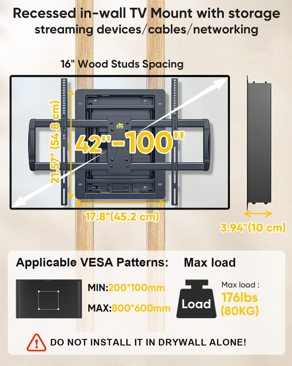 Recessed TV Wall Mount for 50-100" TVs, Holds 176 lbs, VESA 800X600 Heavy Duty Full Motion in-Wall TV Mount for Flush Installation,Tilts, Swivels,Low Profile Design,Fits 16" Wood Stud