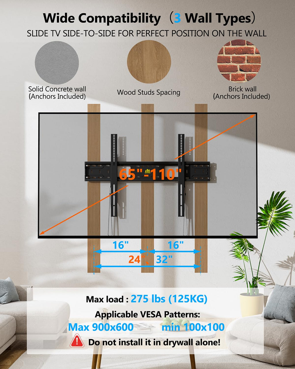 FORGING MOUNT Heavy Duty Fixed TV Wall Mount Holds up to 275Lbs for 65-110 inch TVs，16"/18"/24" Studs MAX VESA 900x600mm
