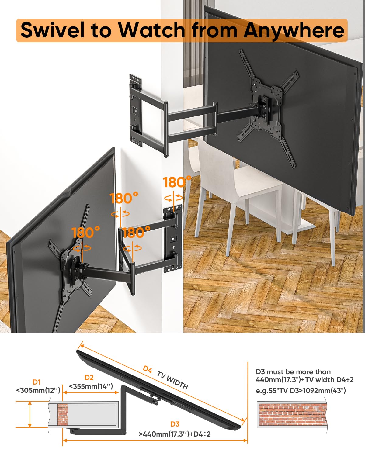 FORGING MOUNT Long Arm TV Wall Mount for 26-65" TVs, 40.75" Long Extension Arm,VESA 400x400mm Holds 88 lbs