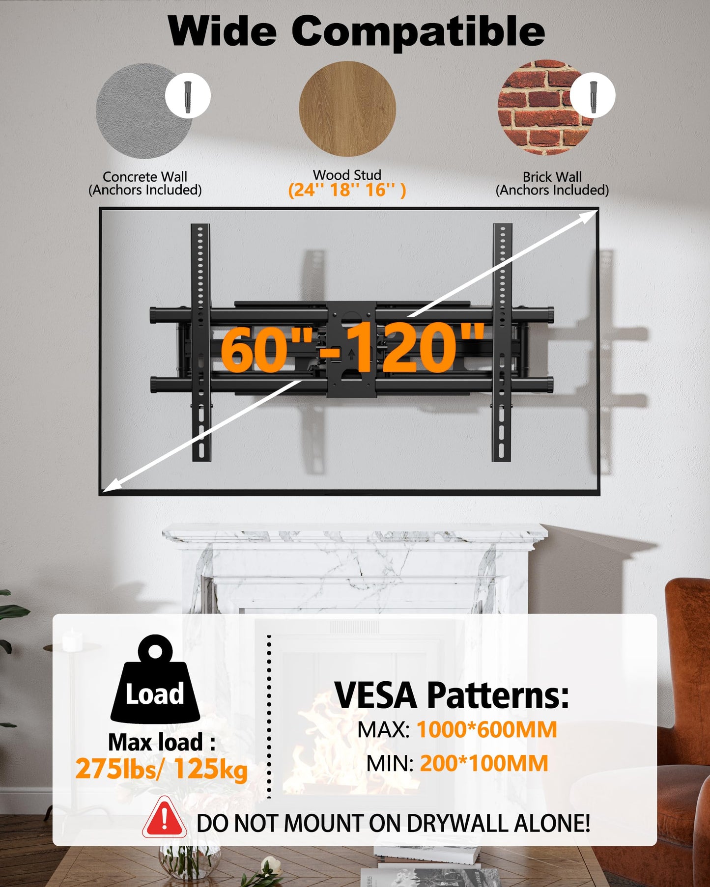 Heavy Duty 60 to 120 inch XXXL Full Motion TV Wall Mount Max VESA1000x600mm Up to 275lbs for Extra Large Big Screens,Universal Articulating TV Mount Bracket Swivel Tilt,16-24”Studs HY9491-B