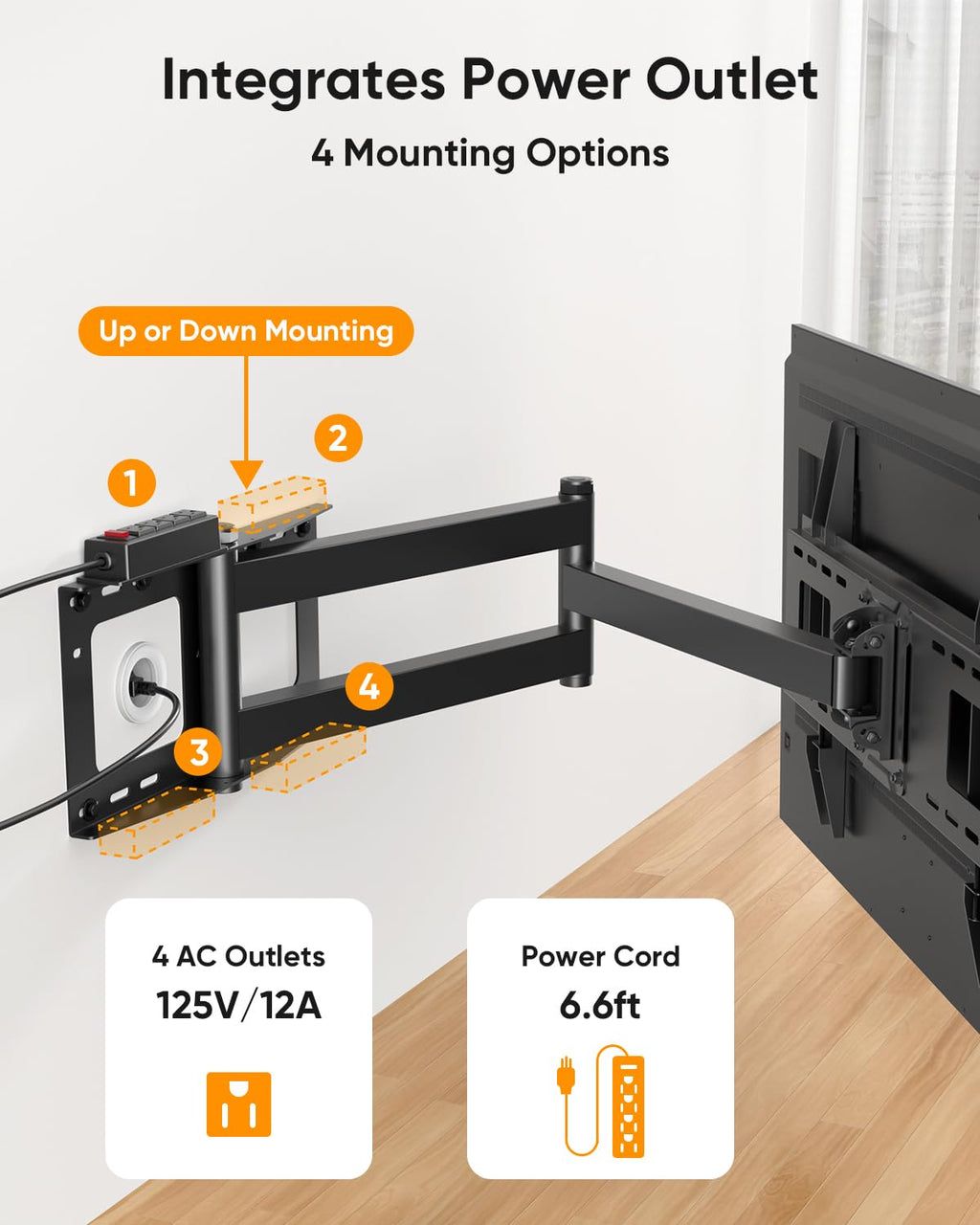 42 inch Long Arm TV Wall Mount with Power Strip, Full Motion Long Extension Articulating Corner TV Mount for 37 to 80 Inch Flat/Curve TVs, MAX VESA 600x400mm, Holds up to 110 lbs