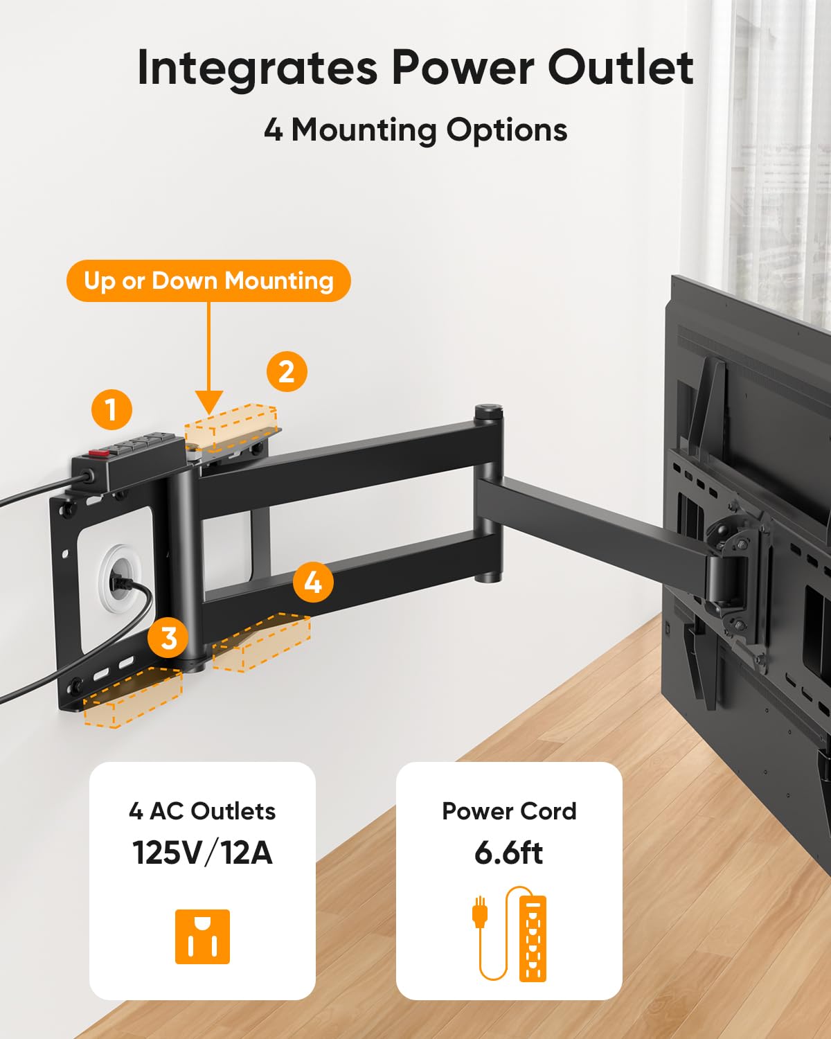 42 inch Long Arm TV Wall Mount with Power Strip, Full Motion Long Extension Articulating Corner TV Mount for 37 to 80 Inch Flat/Curve TVs, MAX VESA 600x400mm, Holds up to 110 lbs