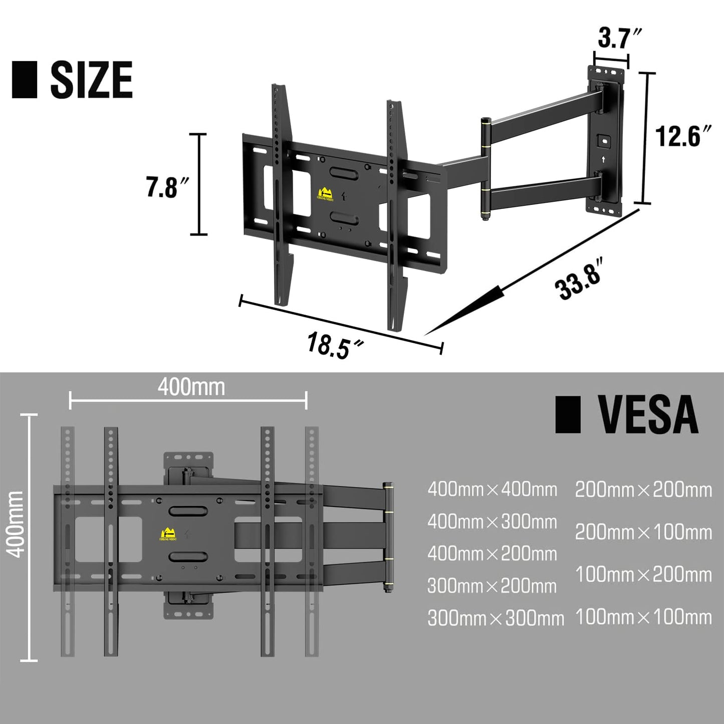 Corner TV Wall Mount Long Arm TV Mount for 23"-60" TVs-Easy to Install Single Stud Design- 33" of Smooth Extension Plus Swivel,Tilt,Holds 99lbs,Universal Bracket Max VESA 400X400mm,HY9414