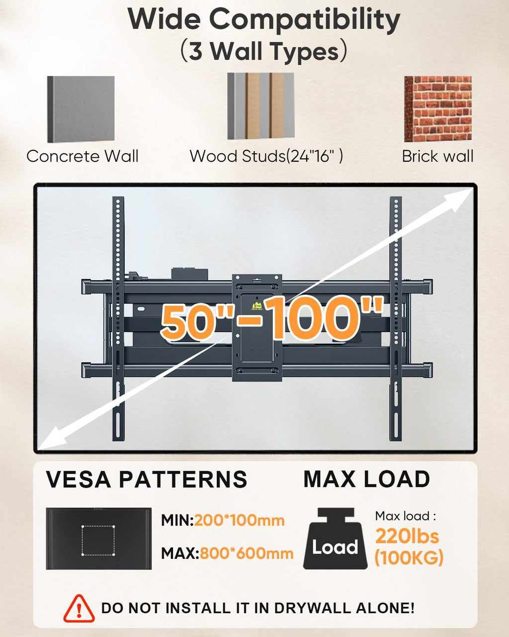 Heavy Duty 98 100 inch TV Wall Mount with Power Strip for 50–100 Inch，Hold up to 220 lbs,Max VESA 800x600mm,16”-24” Wood Studs HY9463-B