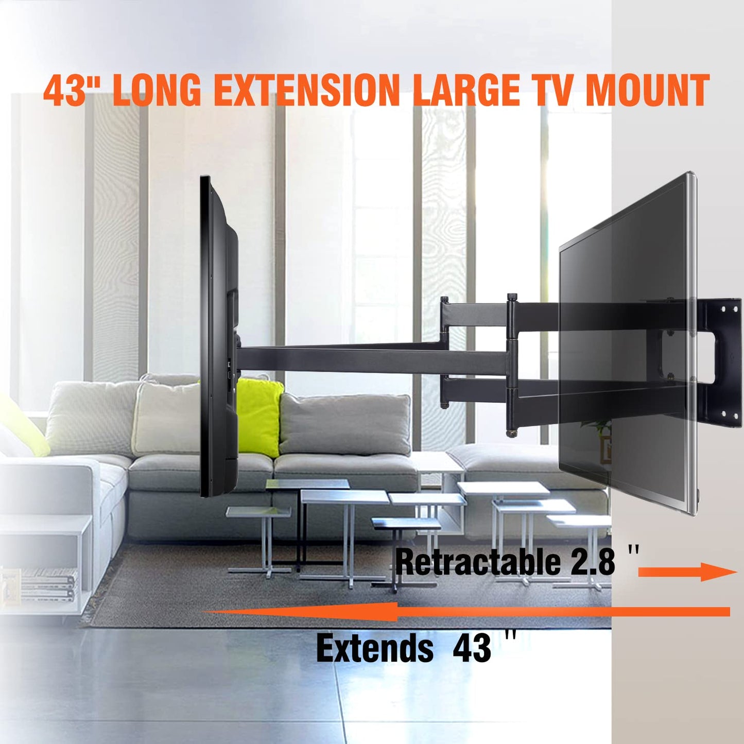 Long Arm TV Wall Mount Bracket,Dual Articulating Arm Full Motion TV Mount with 43inch Long Extension Swivel Tilt Level,Fits 50-100" TVs,Holds 198 lbs,VESA 800x400mm-EP9451-B
