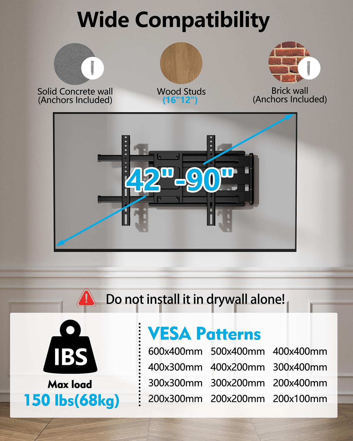 TV Mount, Height Setting Full Motion 36" Extends, Fits 42"-90" TVs,Holds 150lbs,VESA 600x400mm,Included HDMI Cable, HY9397-B