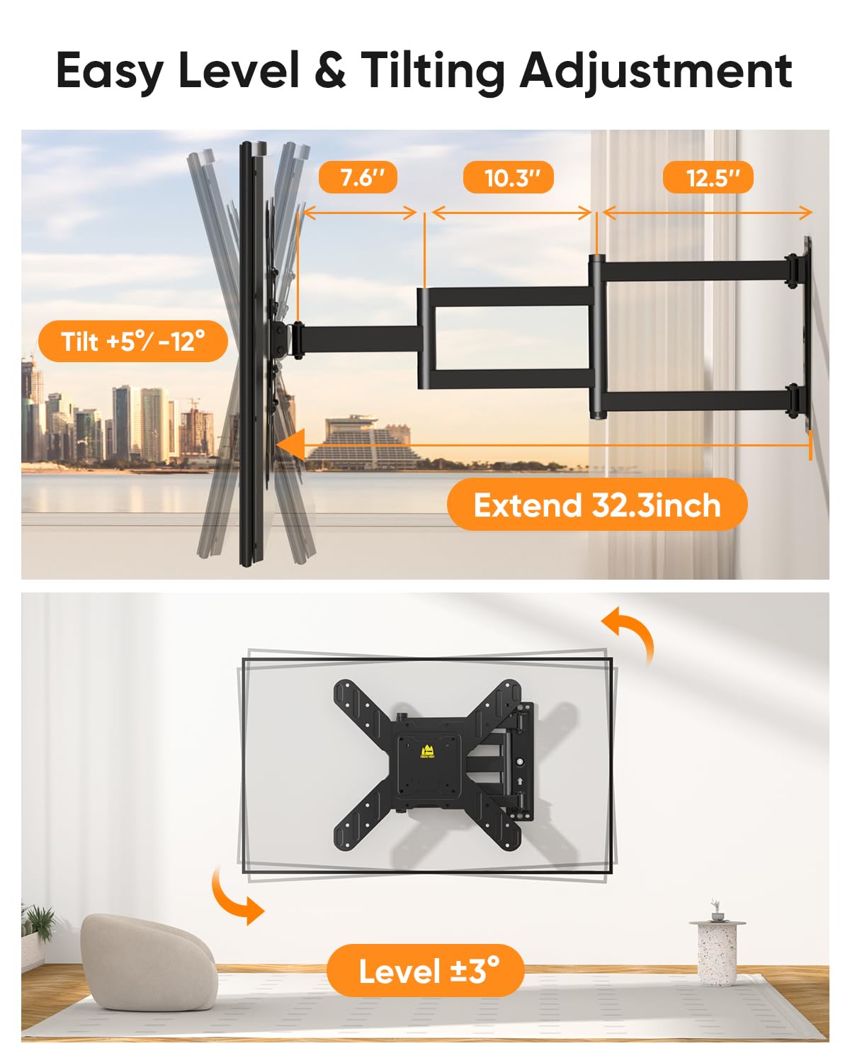 Corner TV Wall Mount for Most 26-65 Inch Flat Curved TVs, 3 Folding Arms Articulating TV Bracket Max VESA 400x400mm up to 77lbs