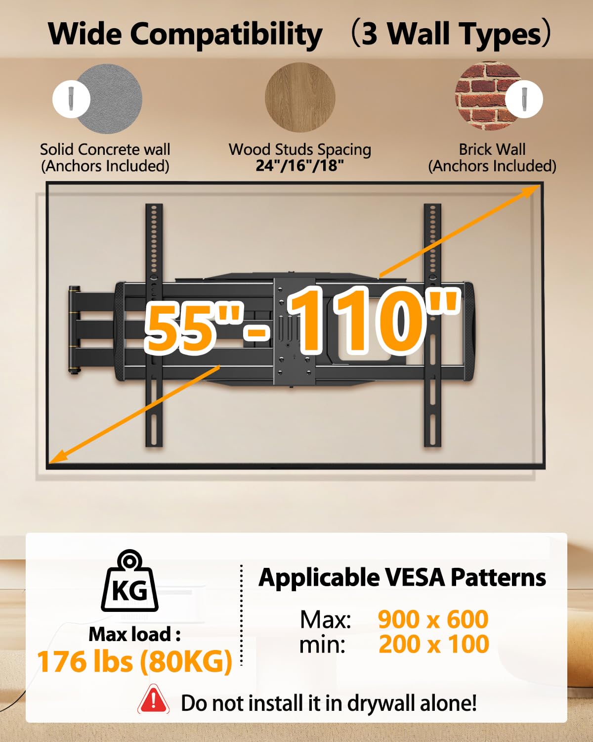 43–110 inch Long Arm Full Motion TV Wall Mount Holds 176 lbs, VESA 900x600mm, 42.8″ Long Extension for Screen Centered on Living Room,Heavy Duty TV Mount, Tilt, Fits 12″/16″/24″ Studs,