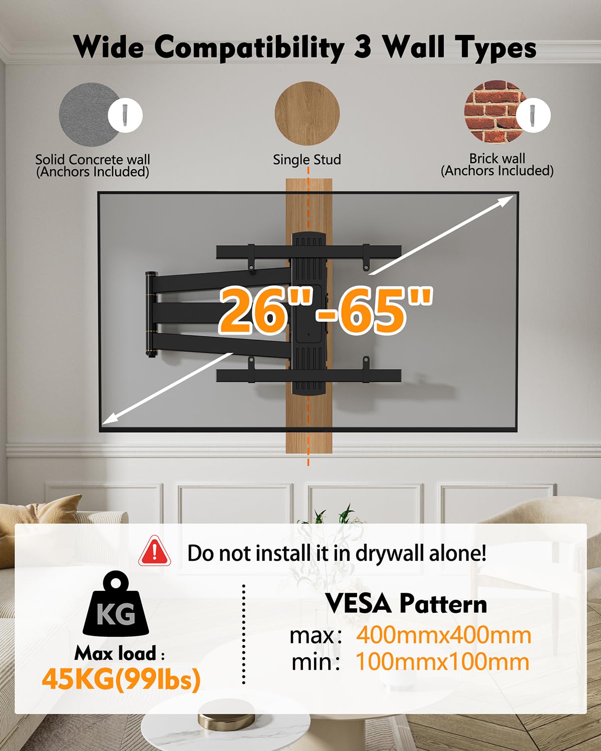 Corner TV Mount Long Arm TV Wall Mount Bracket for 27-70" Screen,VESA 400x400mm, Holds 100 lbs HY9488-B