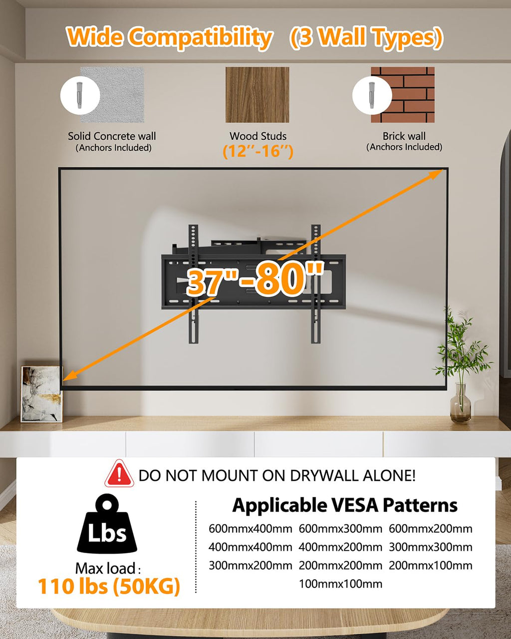 FORGING MOUNT Long Extension TV Mount Full Motion Wall Bracket with 42 inch Long Arm Articulating TV Wall Mount for 37 to 80 Inch Flat/Curve TVs, VESA 600x400mm Compatible, Holds up to 110 lbs-FM9388-B