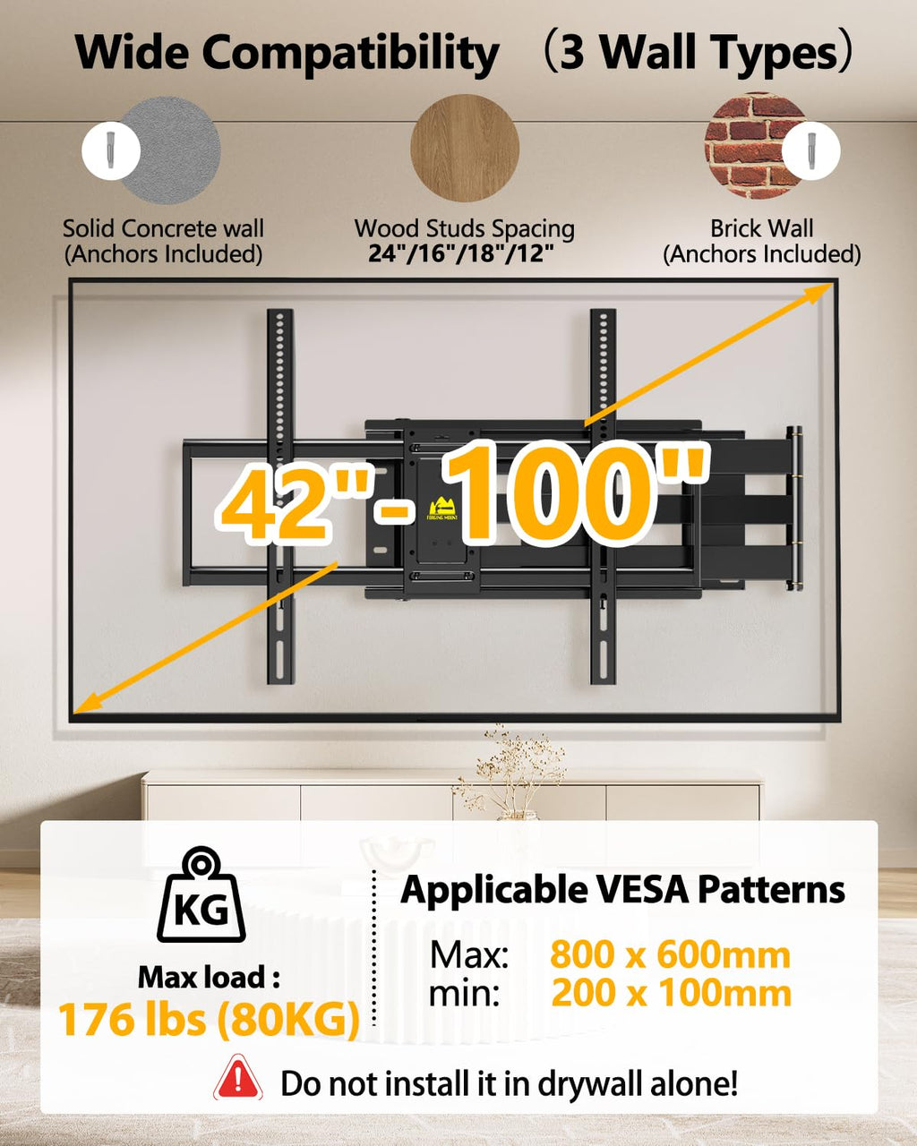 Long Arm Full Motion TV Wall Mount for Most 42-100" TVs Holds 176 lbs, 41.75" Long Extension Corner TV Mount Heavy Duty Swivel/Tilt, Max VESA 800x600mm, Filts16”,18”,24” Studs