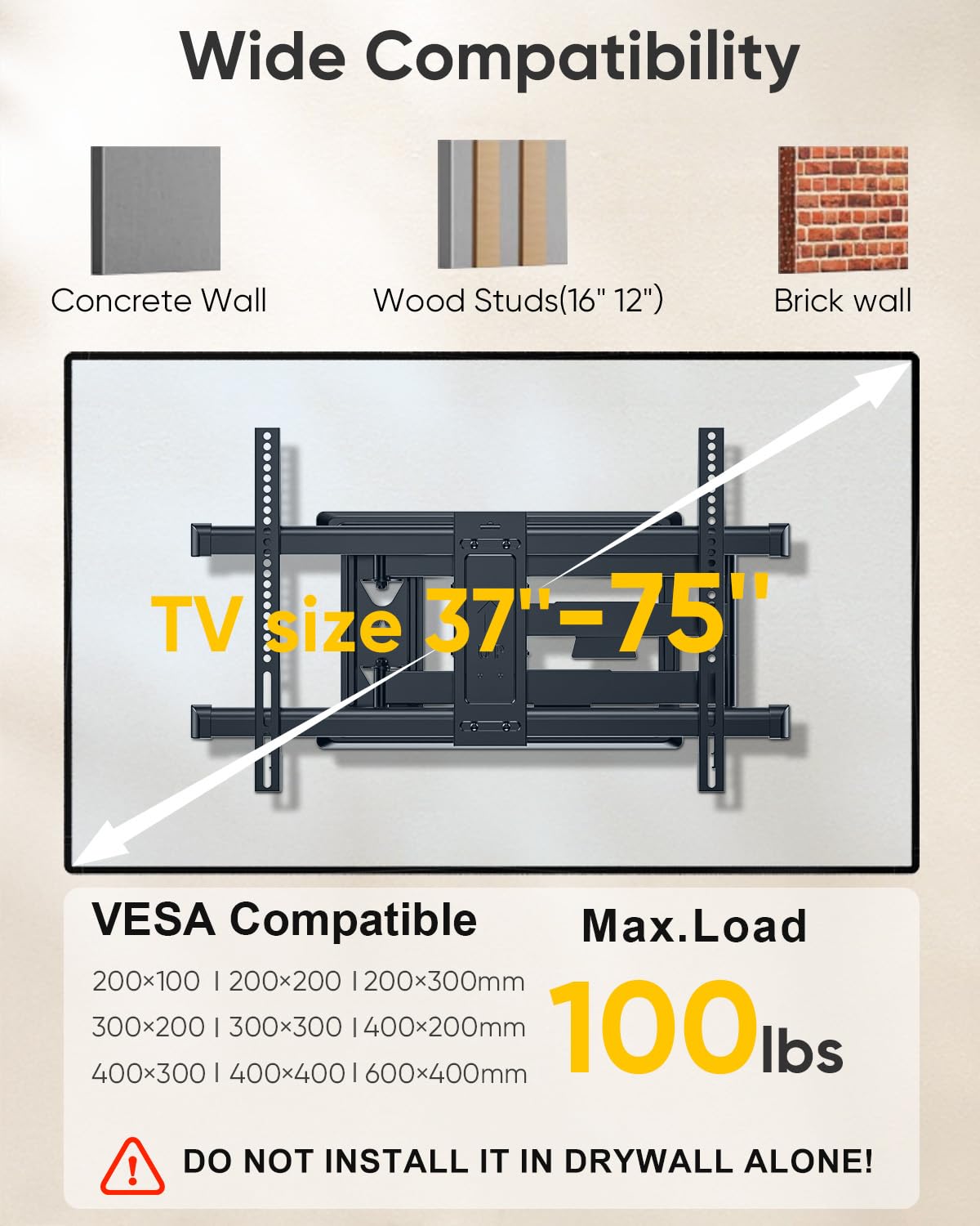 TV Wall Mount with 30 inch Long Arm its 37 to 75" Flat/Curve TVs-HY9389-B