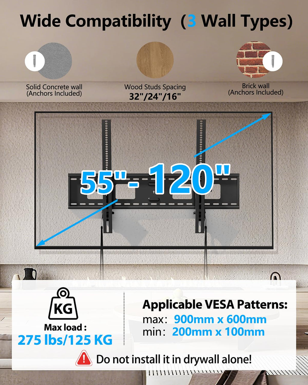 Heavy Duty Tilting TV Wall Mount for Large TVs 55-120 Inch, Tool-Free Tilt Low Profile TV Mount,3-Stud Wall Mount Universal Bracket,VESA 900x600, Holds 275lbs, Fits 16/18/24/32" Studs