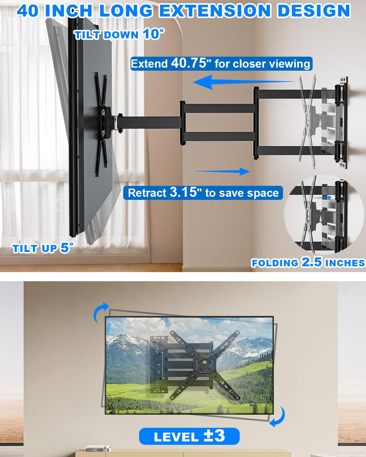 Long Arm TV Wall Mount for Most 17-50 Inch TVs, 40.7 Inch Long Extension TV Mount Swivel and Tilt, Full Motion Wall Mount TVS Bracket Fit Max VESA 300x300mm