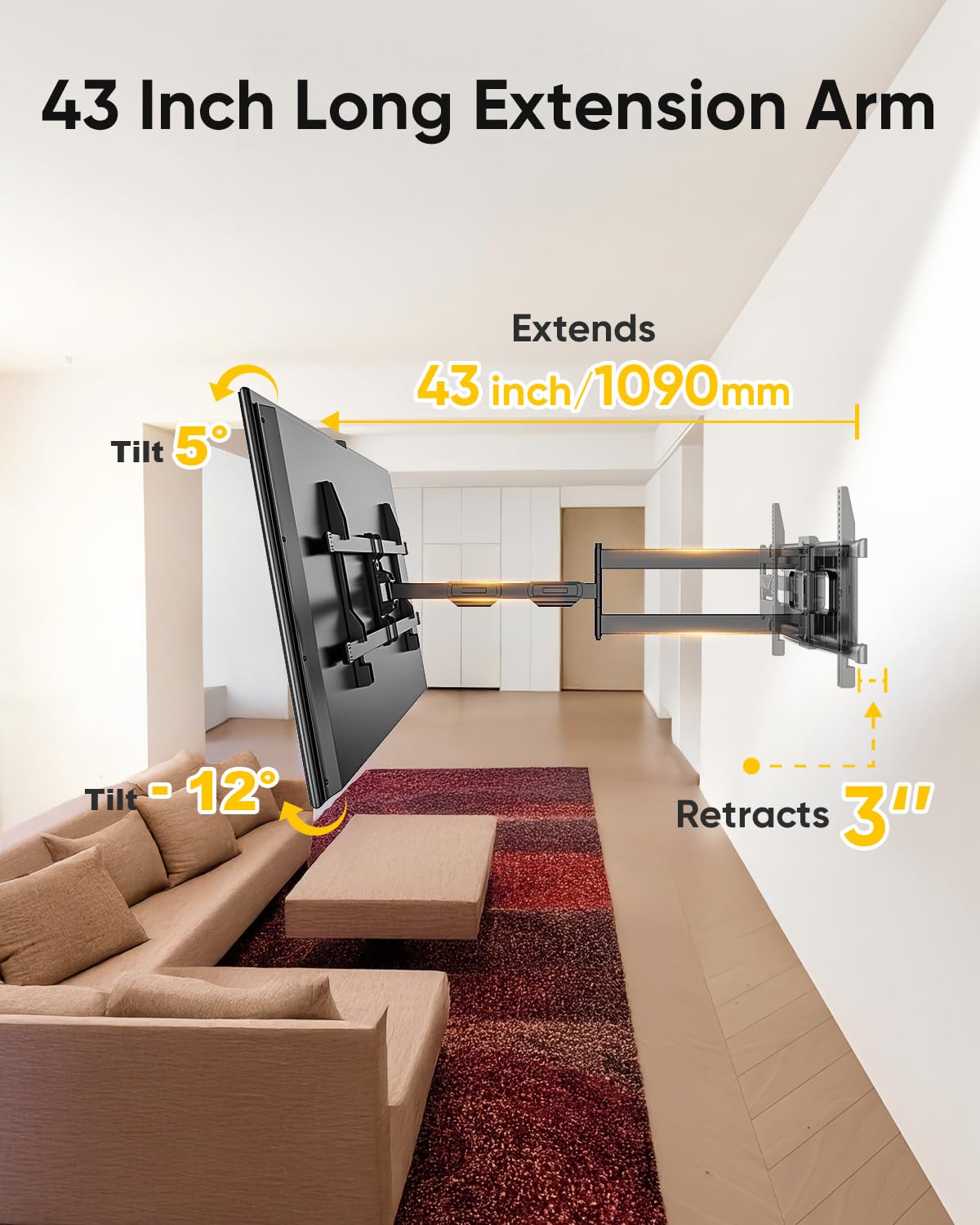 Full Motion Wall Mount TV Bracket with 43” Extension & Swivel Articulating Arm , Fits 42 to 80 Inch,Holds up to 110 lbs, VESA 600x400mm