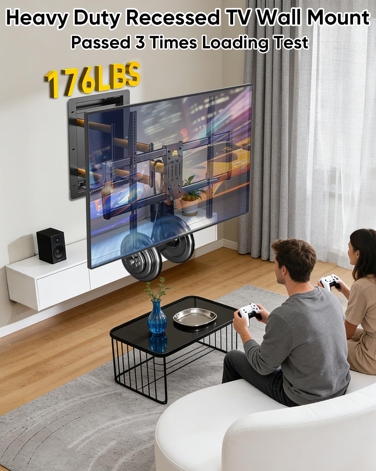 Recessed TV Wall Mount for 50-100" TVs, Holds 176 lbs, VESA 800X600 Heavy Duty Full Motion in-Wall TV Mount for Flush Installation,Tilts, Swivels,Low Profile Design,Fits 16" Wood Stud