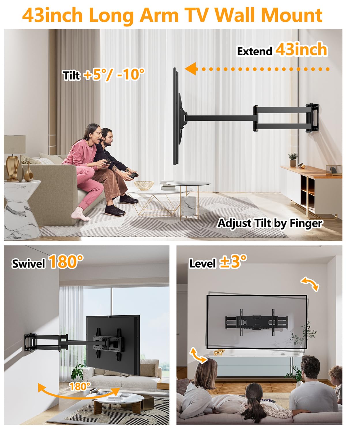 Long Arm TV Mount Bracket,Dual Articulating Arm Full Motion TV