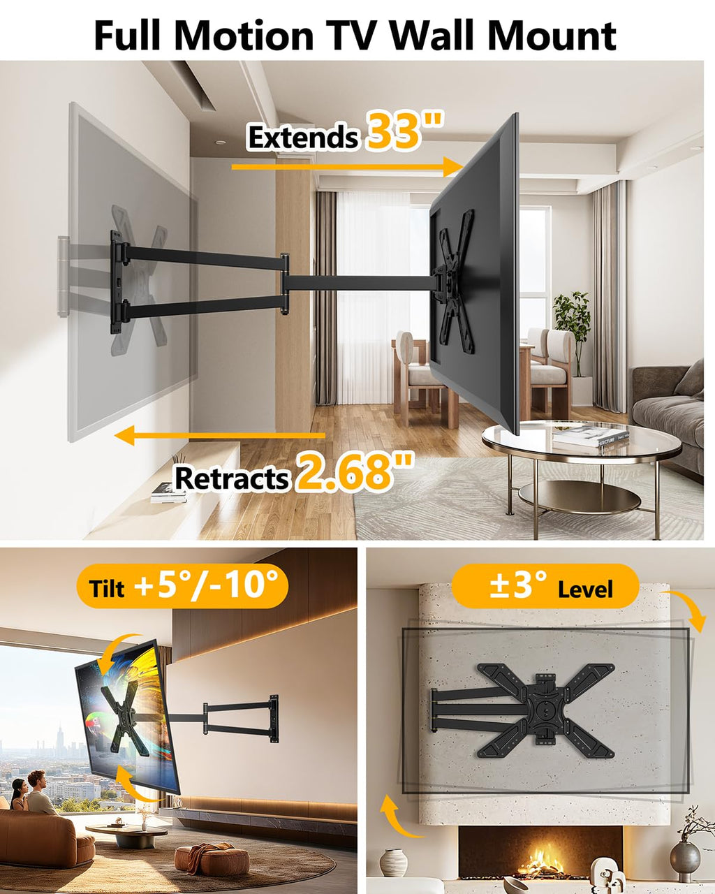 Full Motion Corner TV Wall Mount for 32-75 Inch TVs Holds 110 lbs,33" Long Extension Arm with Landscape to Portrait Rotation, Swivel & Tilt,Vertical Rotating TV Mount,Max VESA 600x400mm