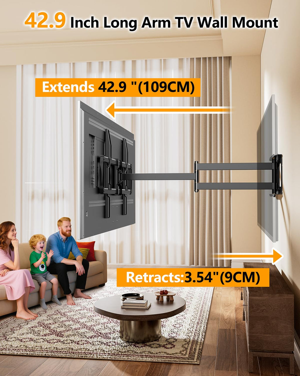 43–110 inch Long Arm Full Motion TV Wall Mount Holds 176 lbs, VESA 900x600mm, 42.8″ Long Extension for Screen Centered on Living Room,Heavy Duty TV Mount, Tilt, Fits 12″/16″/24″ Studs,