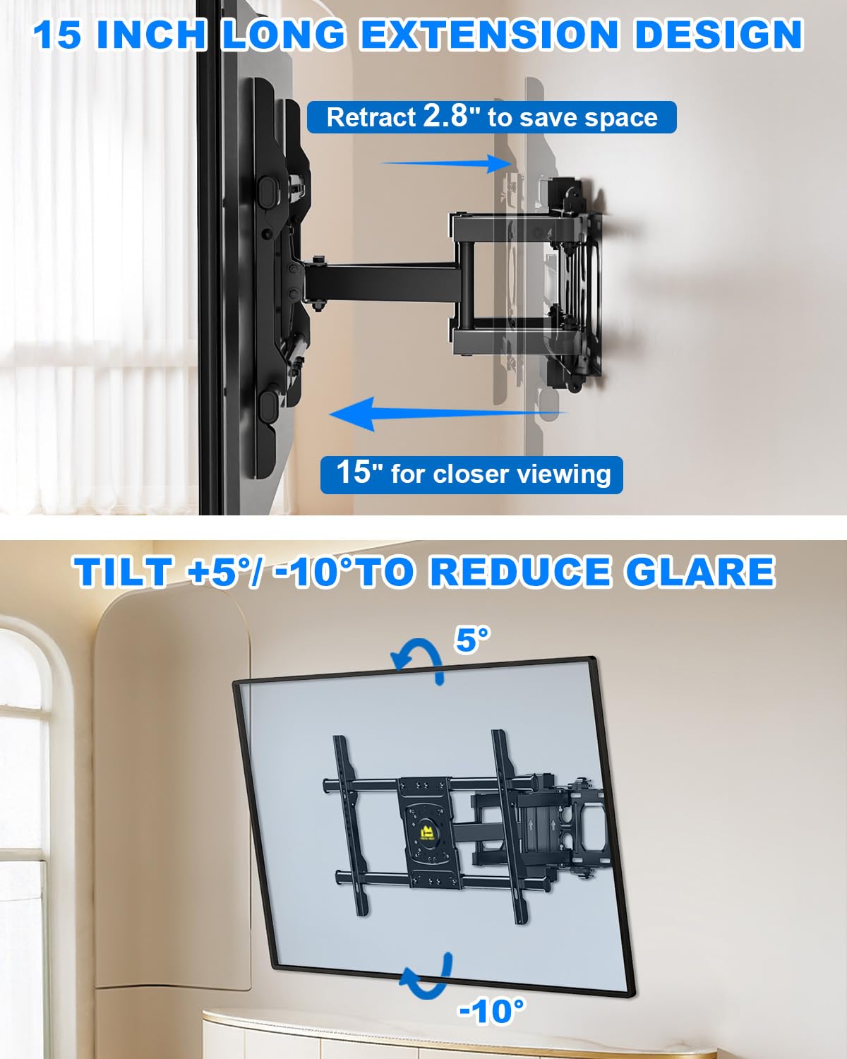 Full Motion TV Wall Mount for Most 32-75 inch with Power Outlet, 15.2" Heavy Duty Dual Swivel Articulating Tilt 6 Arms, Max VESA 600x400mm, Holds up to 132lbs