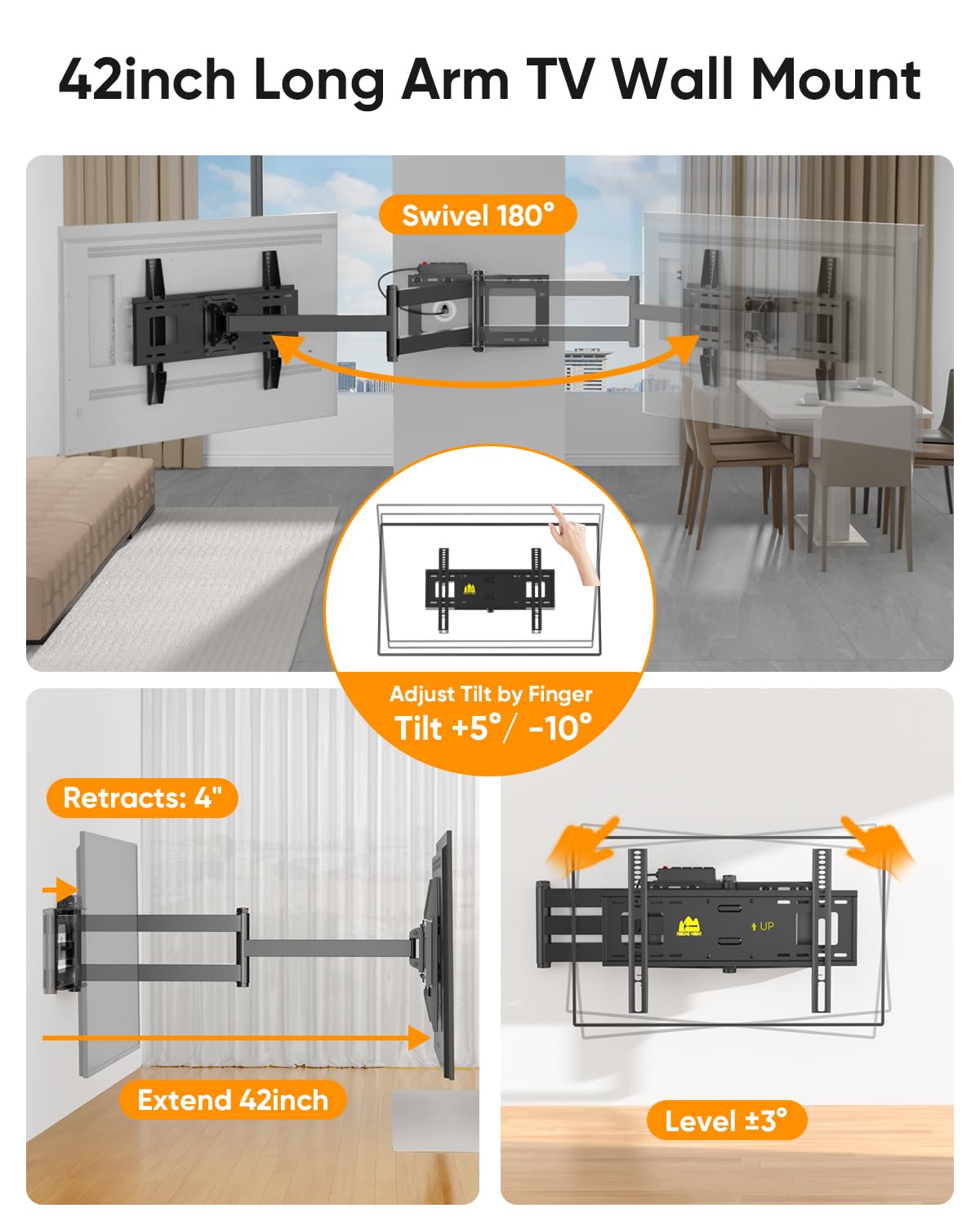 42 inch Long Arm TV Wall Mount with Power Strip, Full Motion Long Extension Articulating Corner TV Mount for 37 to 80 Inch Flat/Curve TVs, MAX VESA 600x400mm, Holds up to 110 lbs