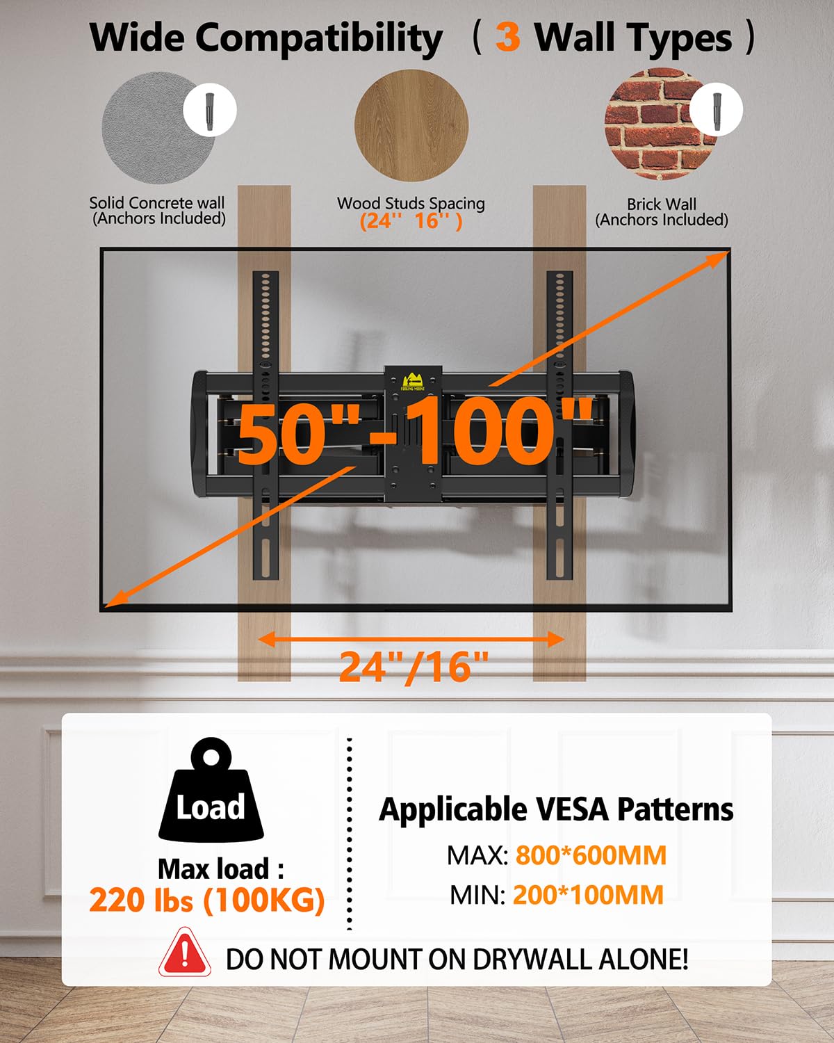 Heavy Duty TV Wall Mount for 42-110" TVs up to 220lbs with 8.2" Sliding Moving for Screen Centering, Full Motion TV Mount Fit 24"-16" Studs with Swivel,Tilt&Level, Max VESA 800x600mm HY9493-B