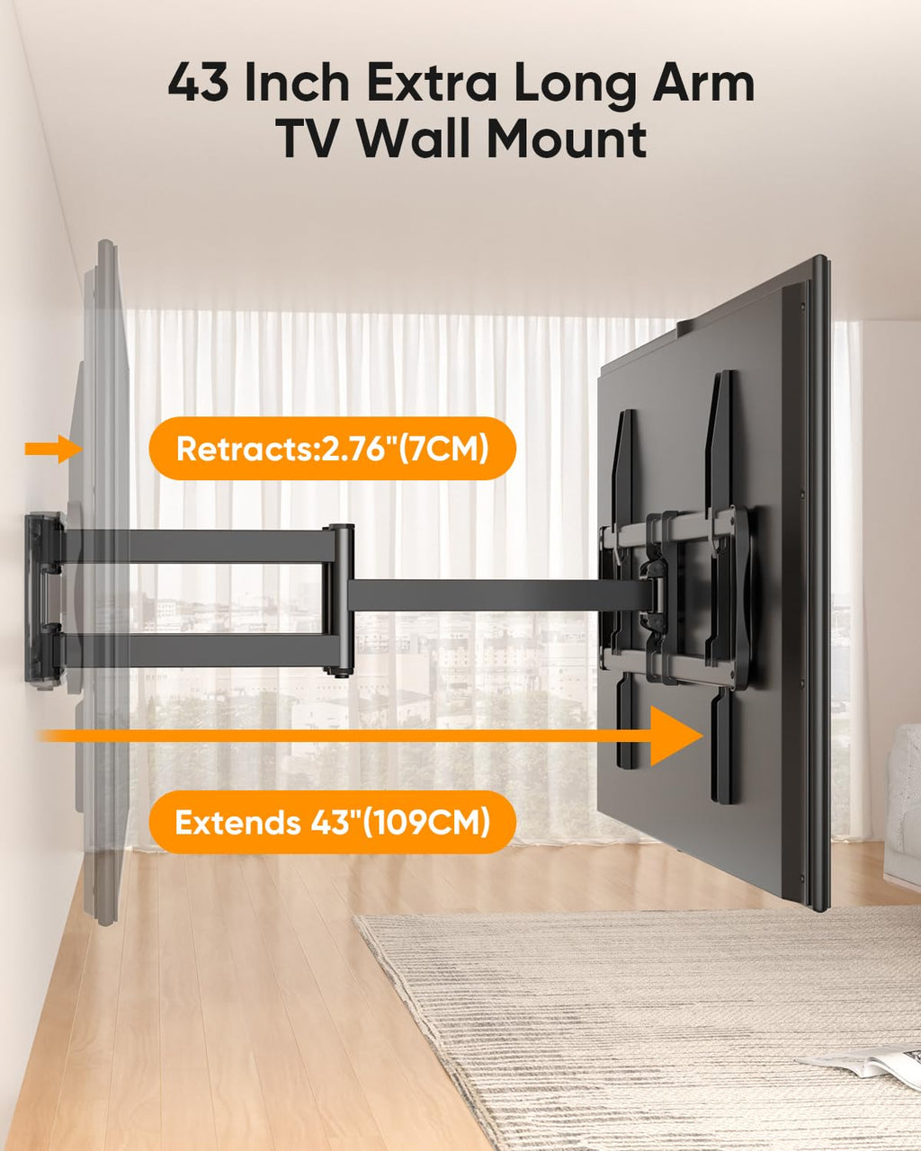 Heavy Duty Full Motion TV Wall Mount with 43" Long Arm Max VESA 900x600 for Extra Large 65 to 85,86,98,100 inch TVs,Holds 220lbs,16-24” Studs HY9458-B