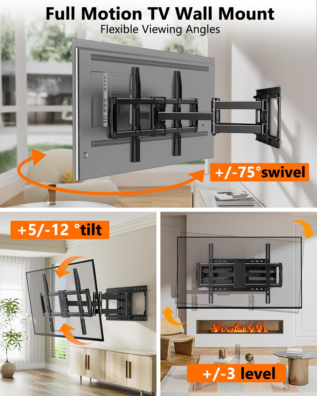 Heavy Duty TV Wall Mount for 42-110" TVs up to 220lbs with 8.2" Sliding Moving for Screen Centering, Full Motion TV Mount Fit 24"-16" Studs with Swivel,Tilt&Level, Max VESA 800x600mm HY9493-B